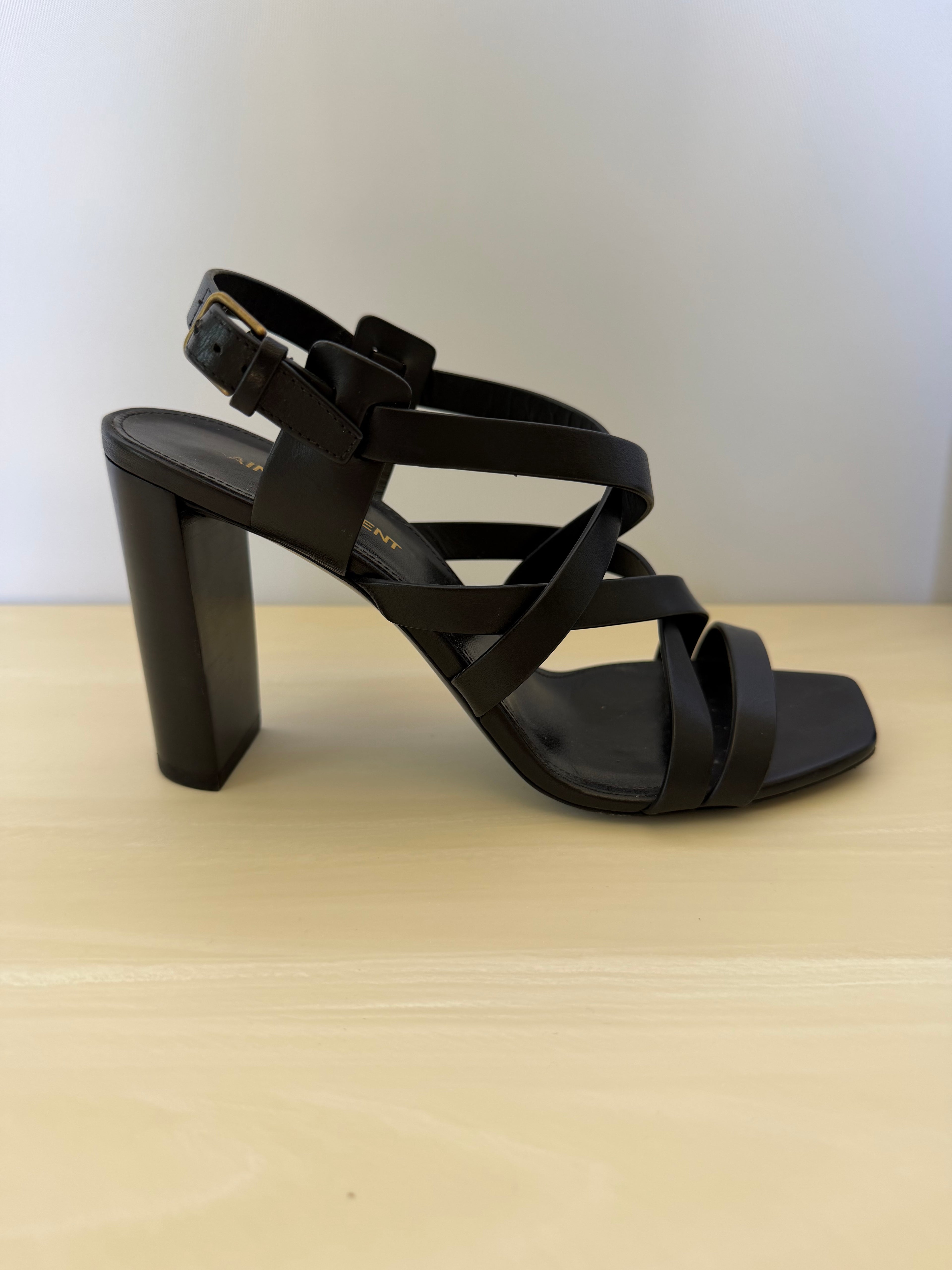 Saint Laurent Paris Black Leather Strappy Block Heel Sandals | Minimalist YSL Heels Size 38.5