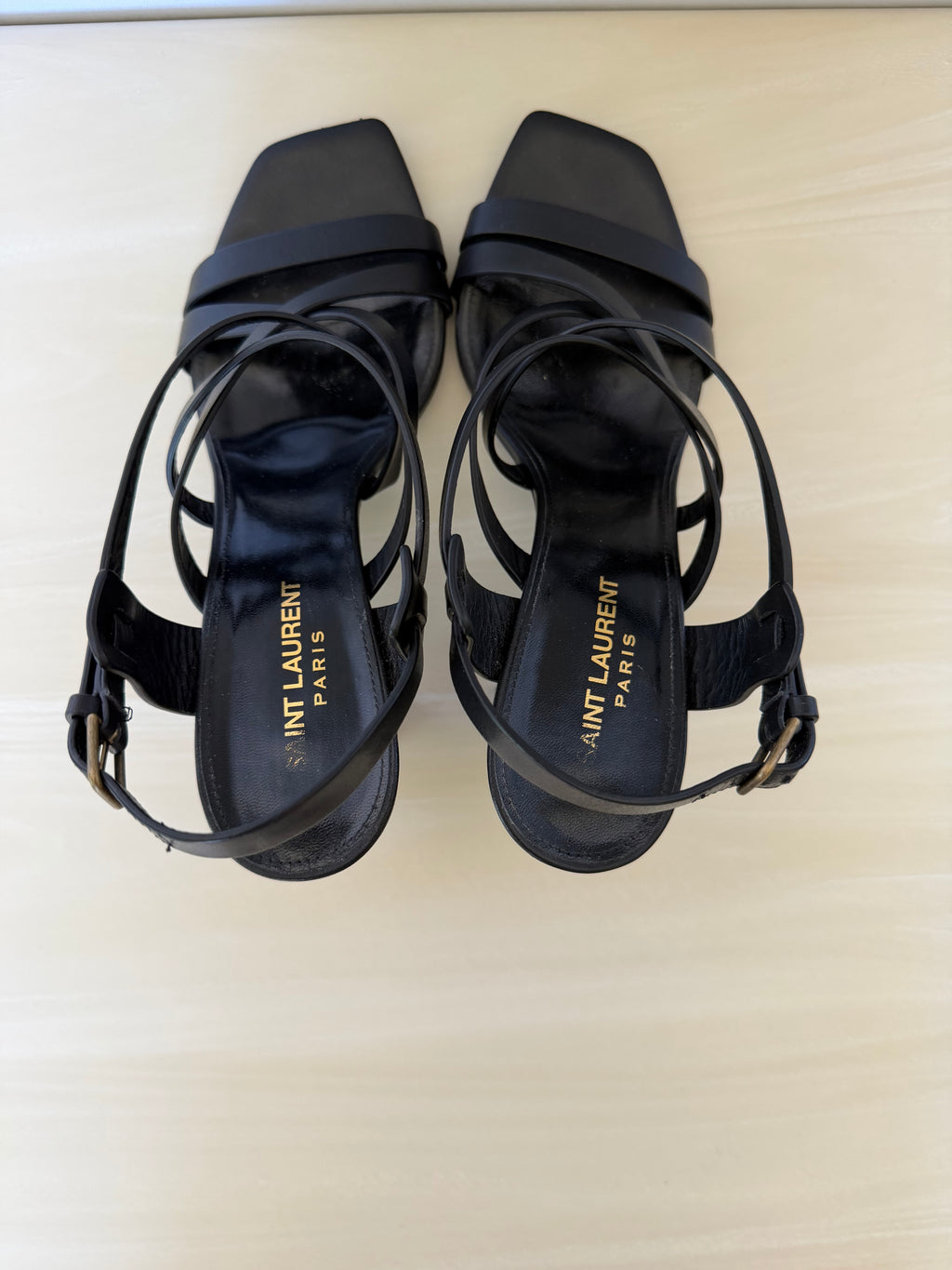 Saint Laurent Paris Black Leather Strappy Block Heel Sandals | Minimalist YSL Heels Size 38.5