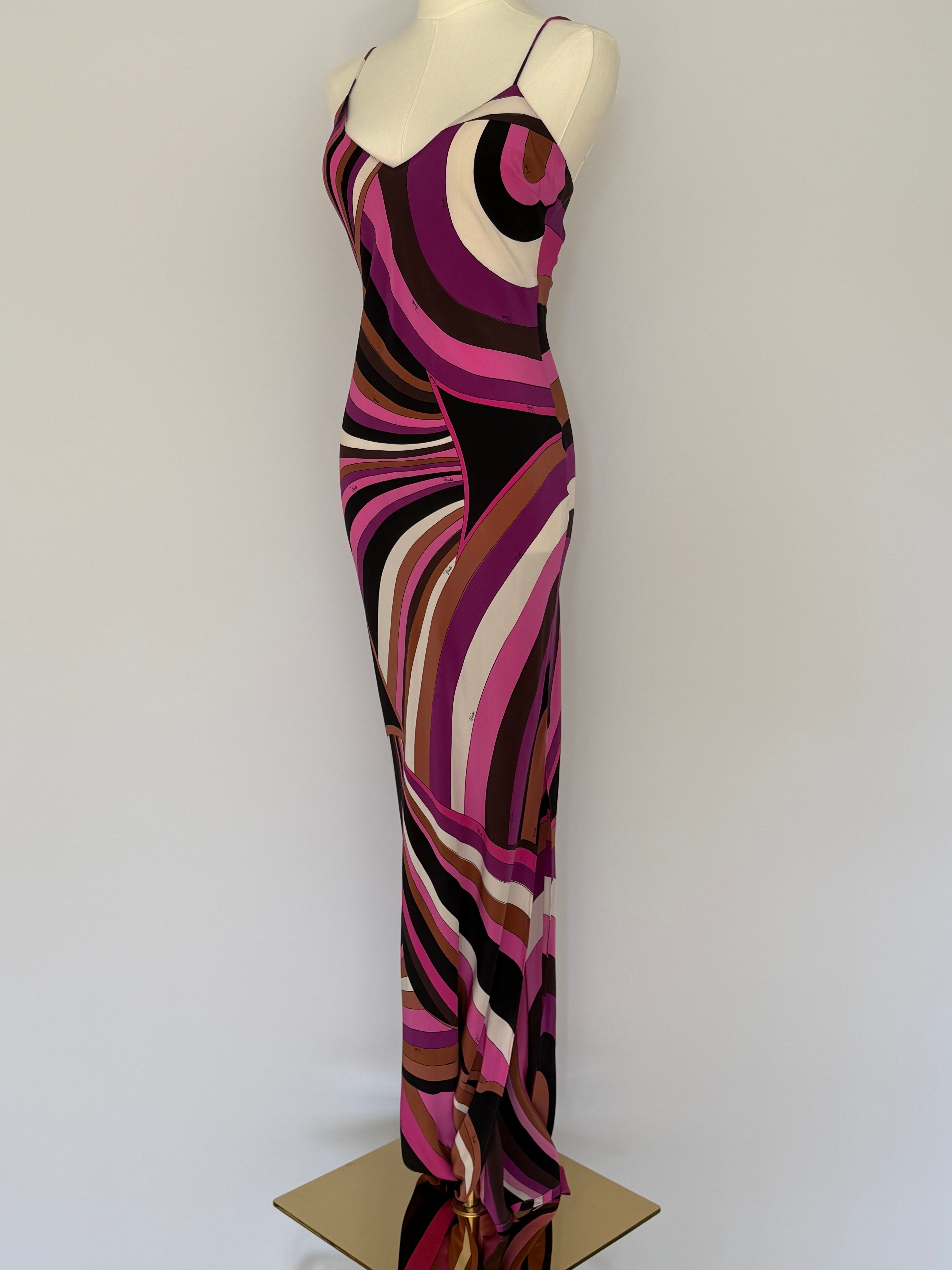 Emilio Pucci Silk Jersey Maxi Dress Pink Swirl Print | Vintage Y2K Bodycon Slip Gown
