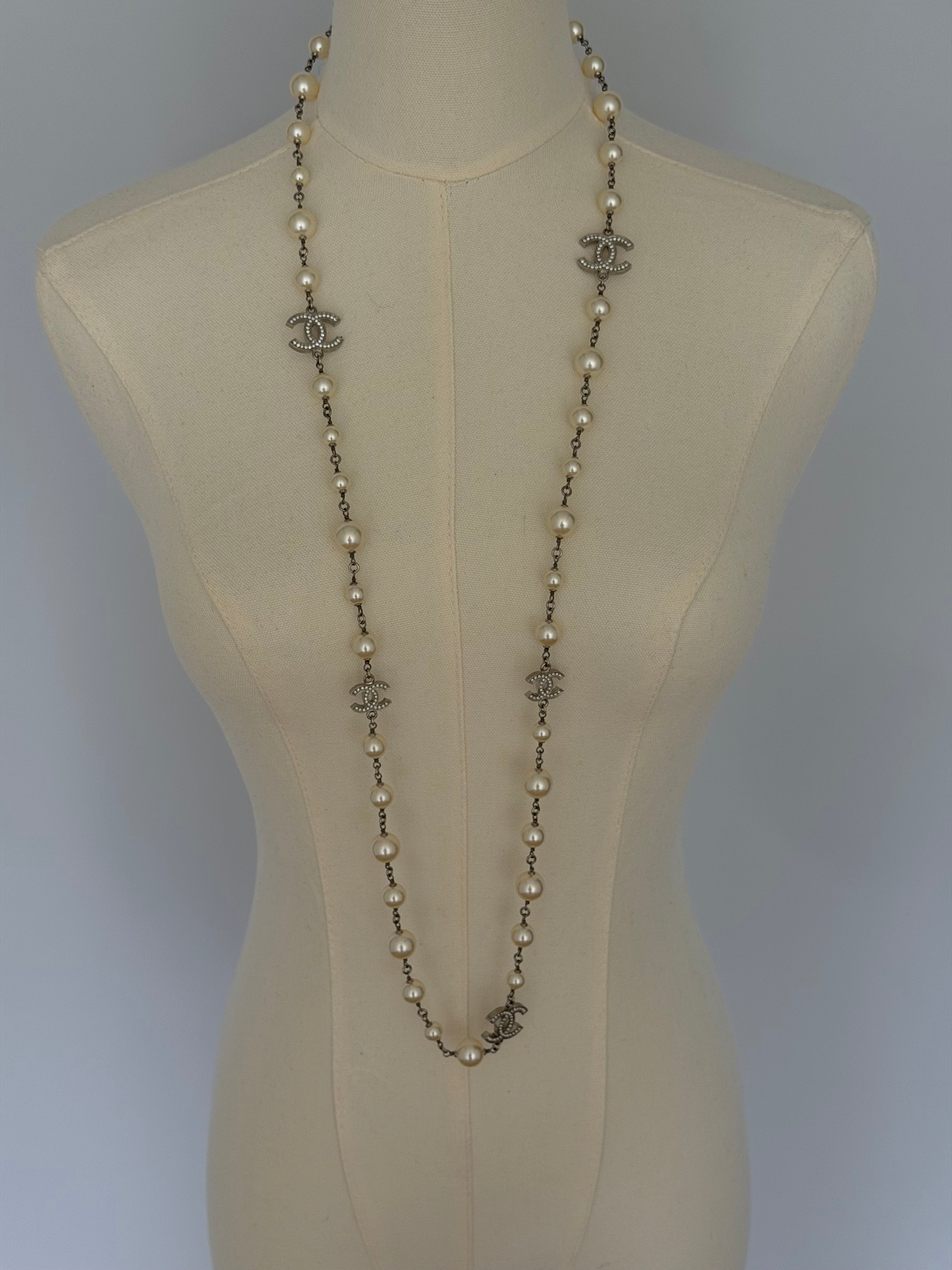 Chanel CC Faux Pearl Long Necklace Silver Crystal Logo Station Chain Classic