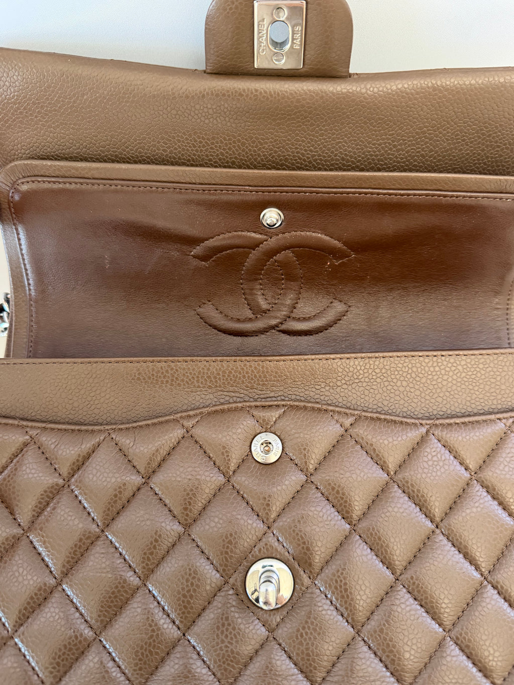 Chanel Classic Medium Double Flap Bag in Brown Caviar Leather with Silver Hardware