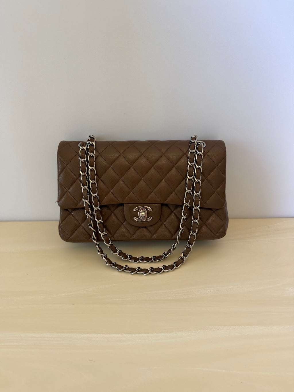 Chanel Classic Medium Double Flap Bag in Brown Caviar Leather with Silver Hardware