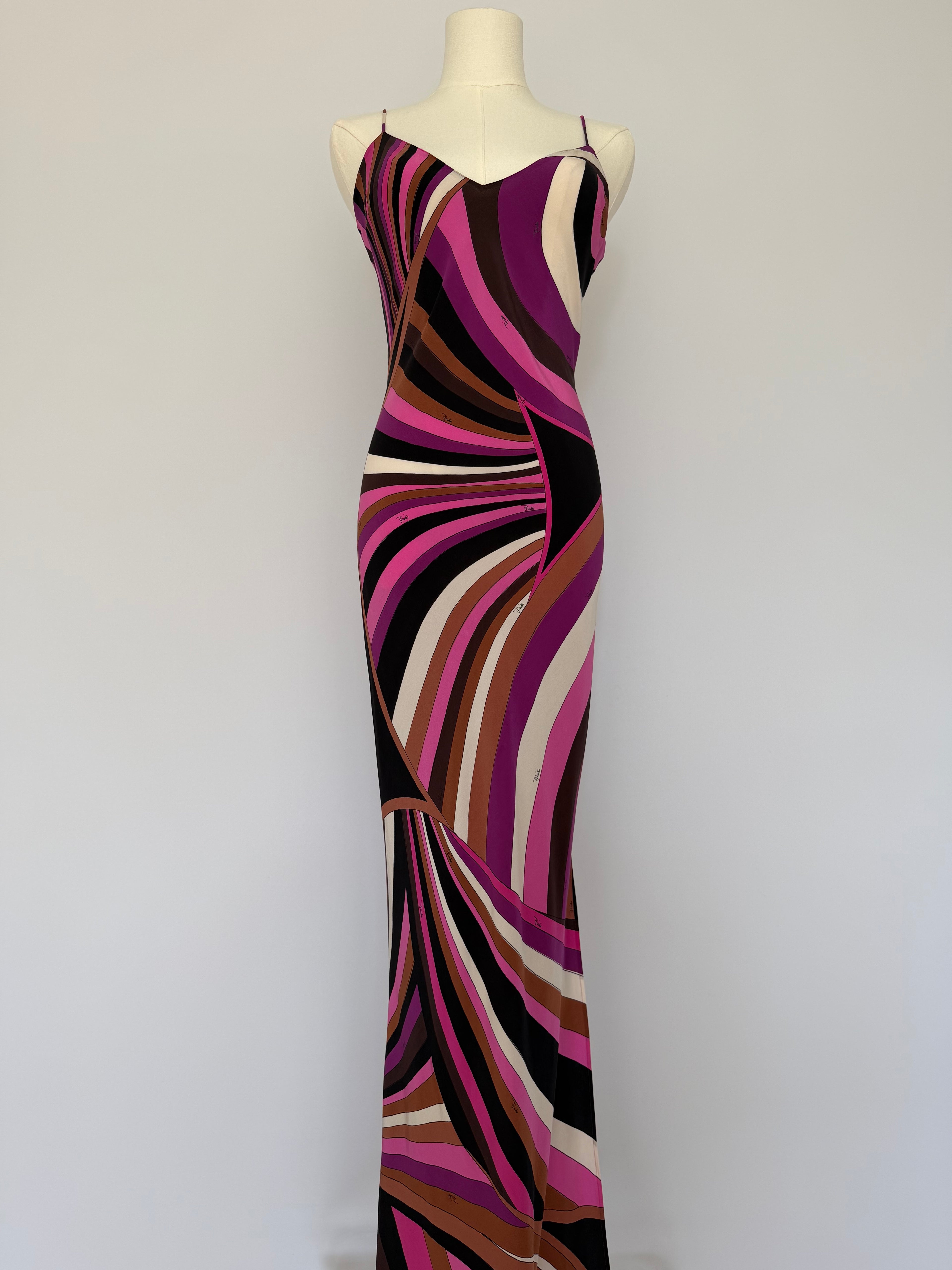 Emilio Pucci Silk Jersey Maxi Dress Pink Swirl Print | Vintage Y2K Bodycon Slip Gown