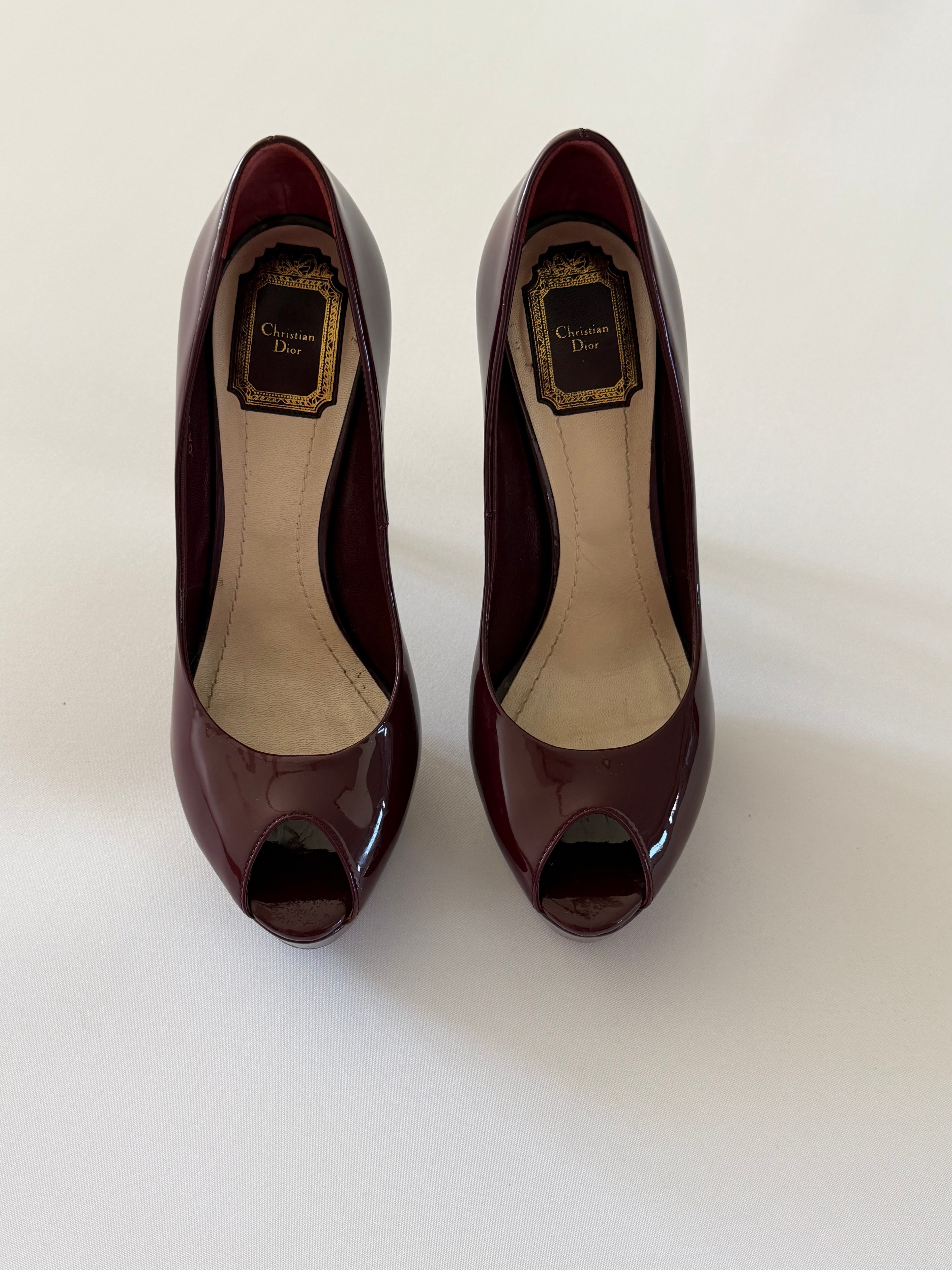 Christian Dior Burgundy Patent Leather Peep Toe Platform Pumps CD Heel Size 39