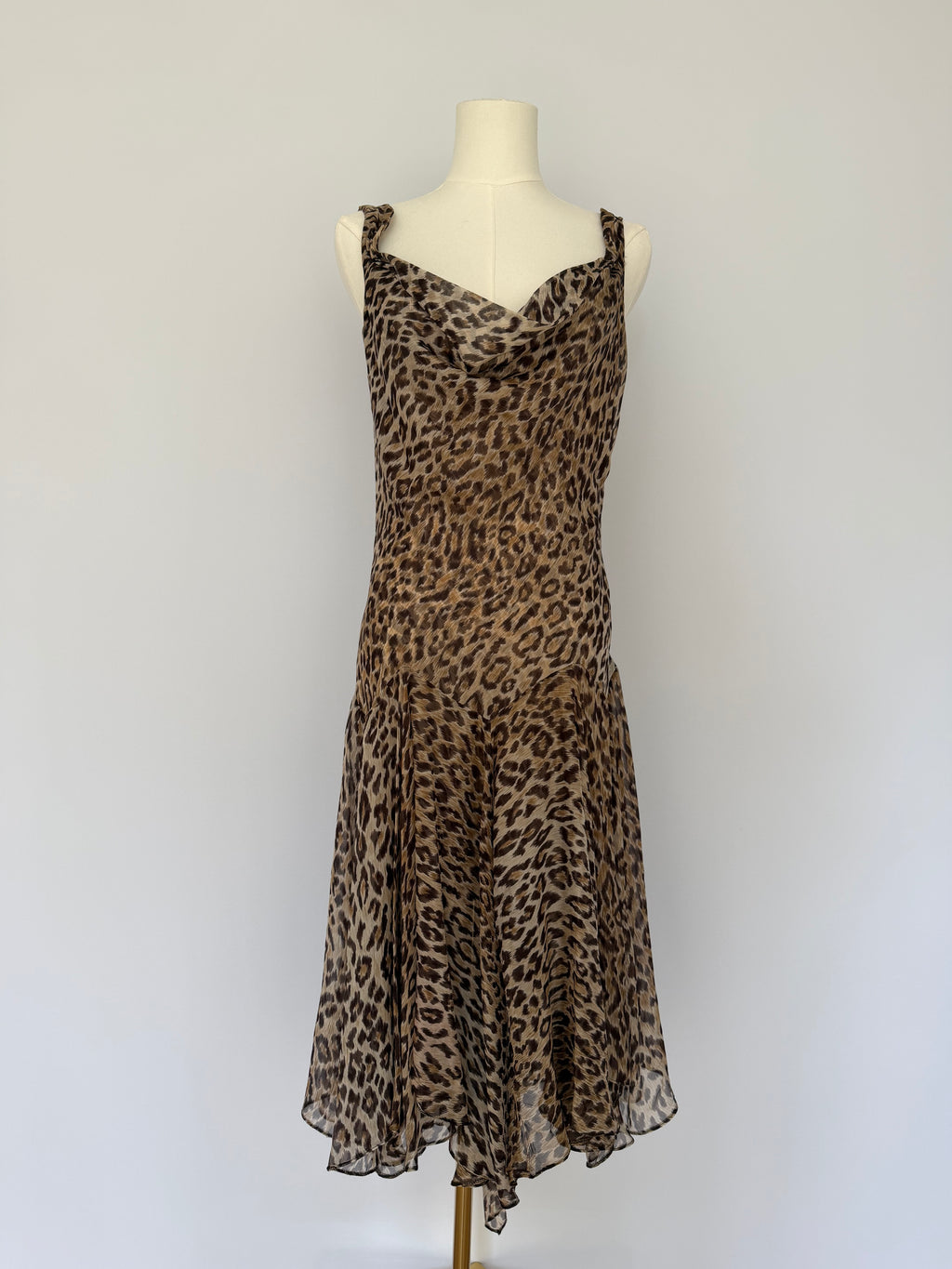 Dolce & Gabbana Leopard Print Silk Chiffon Slip Dress | Vintage Y2K Bias Cut Cowl Neck Midi
