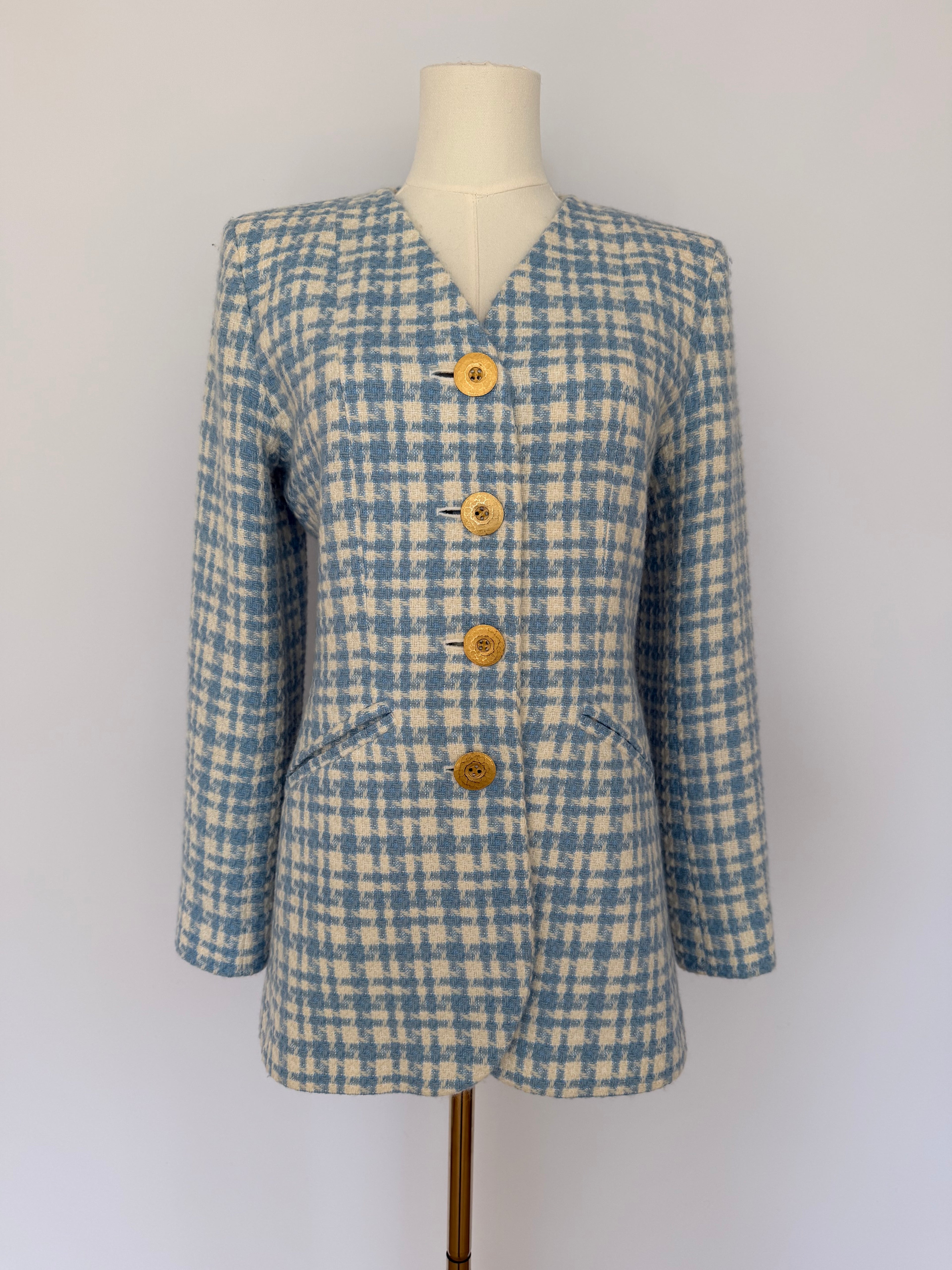 Vintage Yves Saint Laurent Variation Blue & Cream Wool Tweed Blazer | YSL Paris Made in France Jacket Size 38