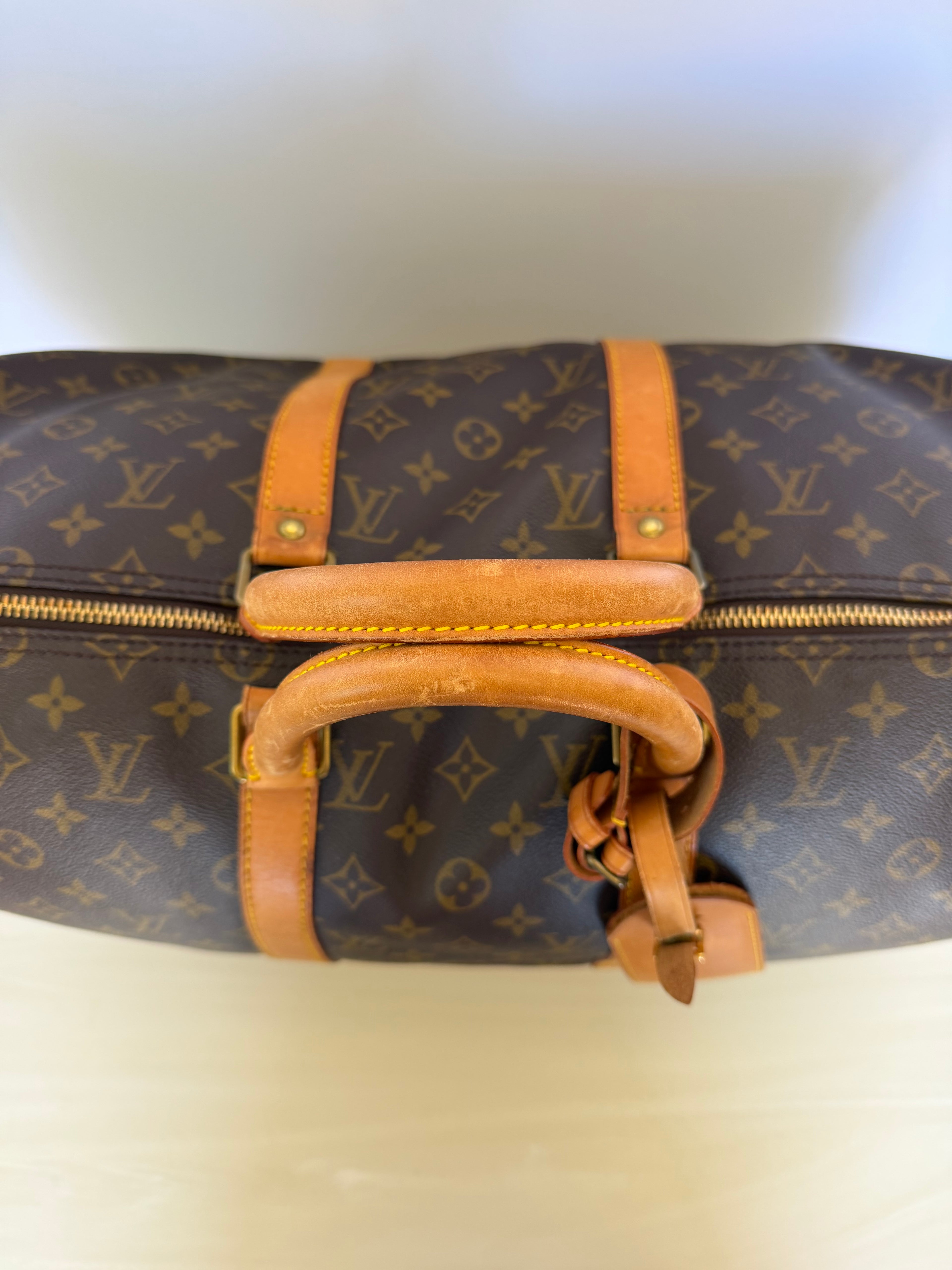 Louis Vuitton Vintage Monogram Keepall 50 Duffel Bag Travel Bag with Vachetta Leather Trim & Lock – Made in France