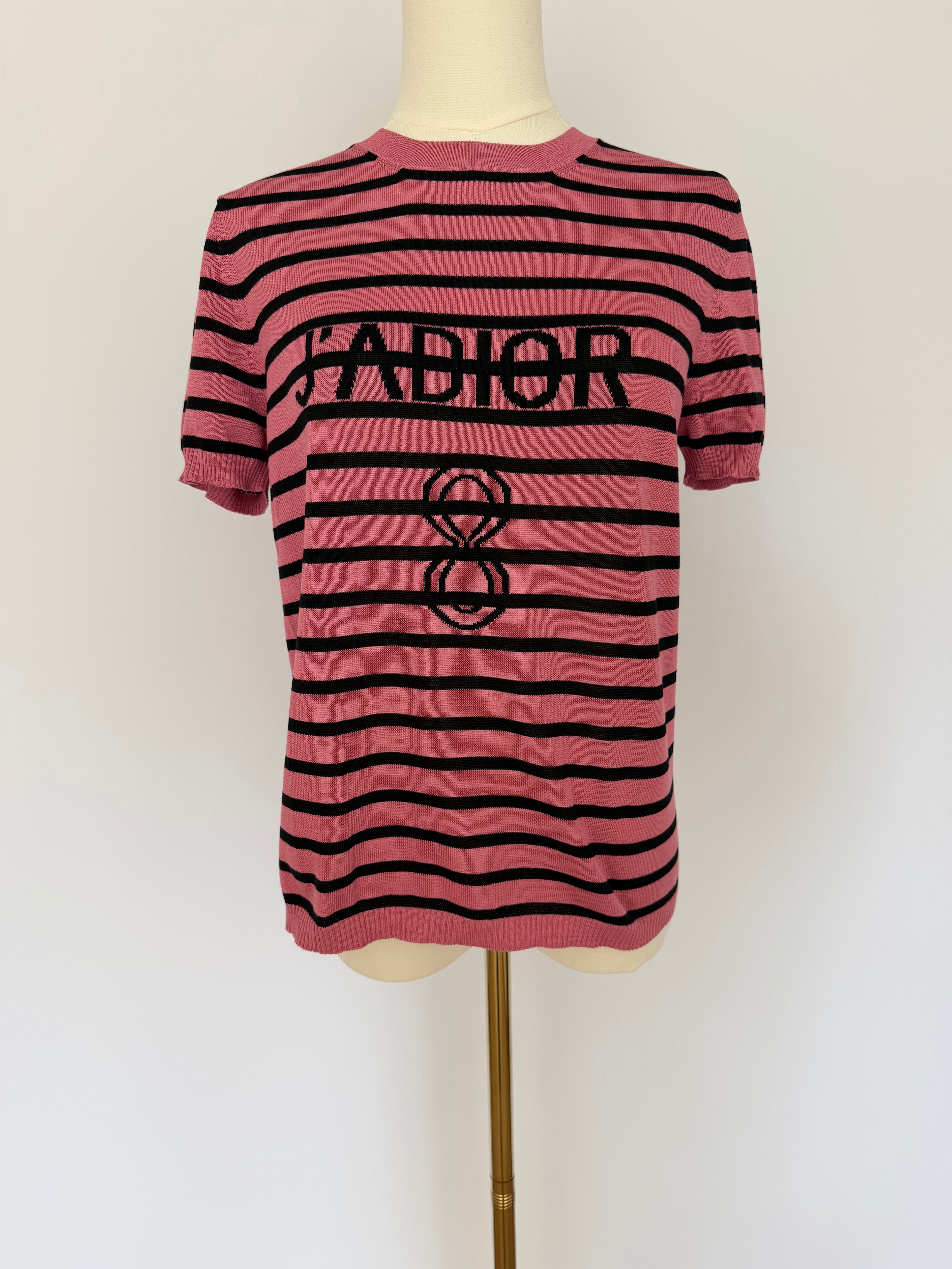 Christian Dior J’Adior Pink Striped Knit Top | Dior Logo Short Sleeve Sweater Made in Italy | Luxury Designer Tee