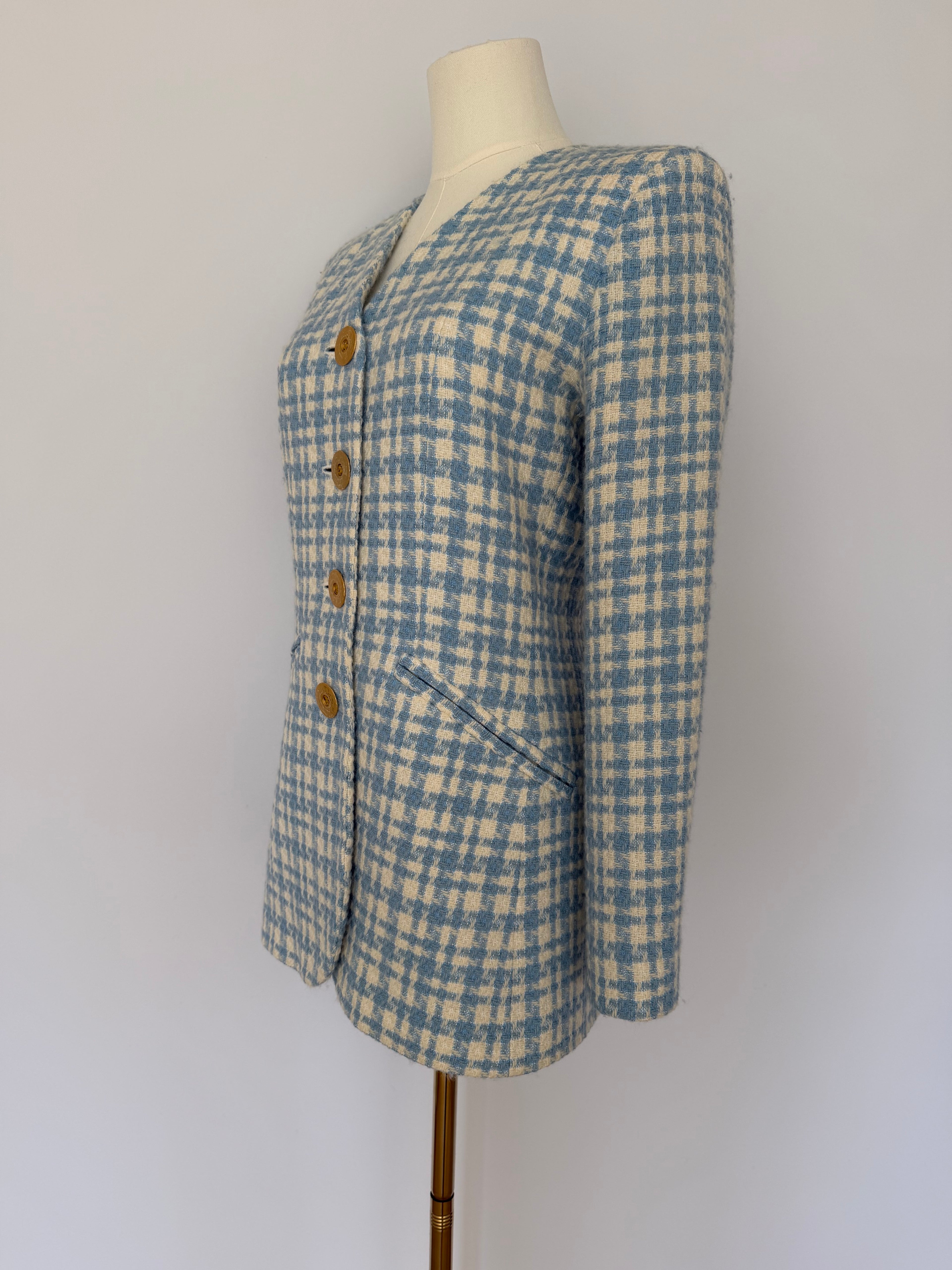 Vintage Yves Saint Laurent Variation Blue & Cream Wool Tweed Blazer | YSL Paris Made in France Jacket Size 38