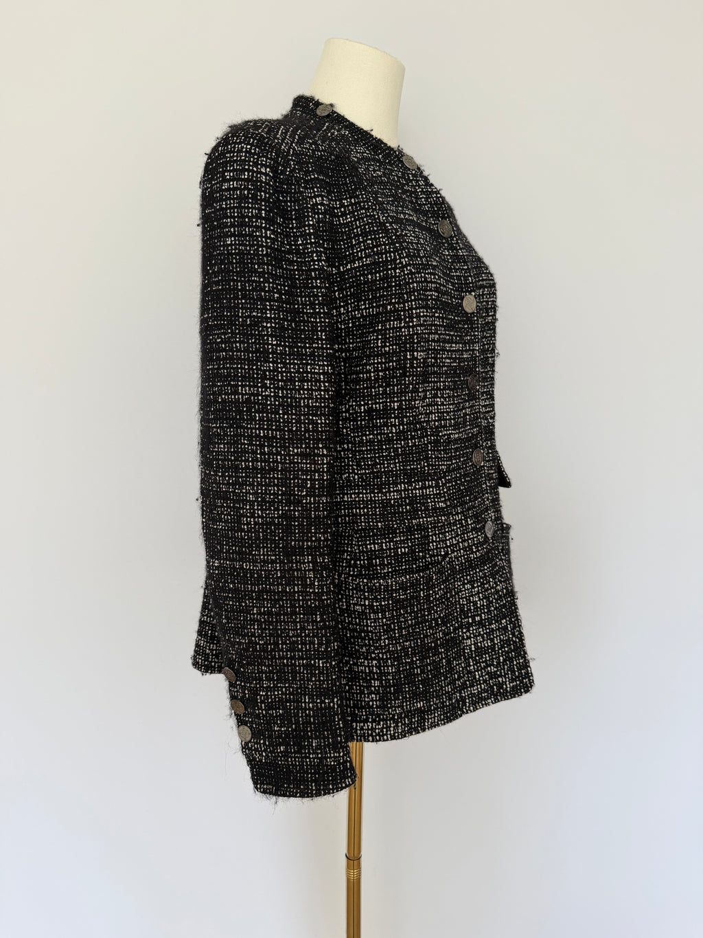 Chanel Black & White Tweed Jacket with CC Logo Buttons | Classic Structured Blazer Size 40