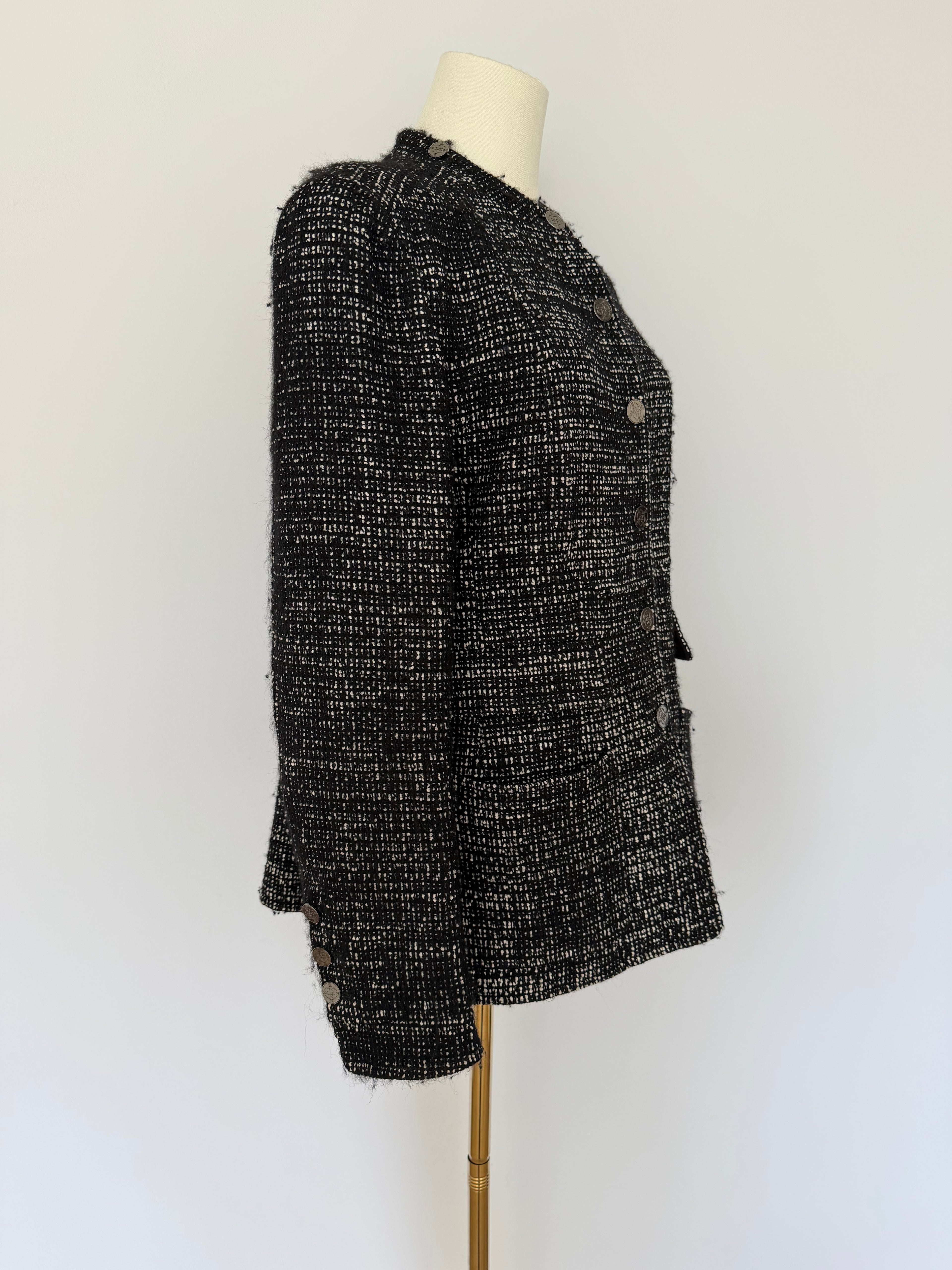 Chanel Black & White Tweed Jacket with CC Logo Buttons | Classic Structured Blazer Size 40