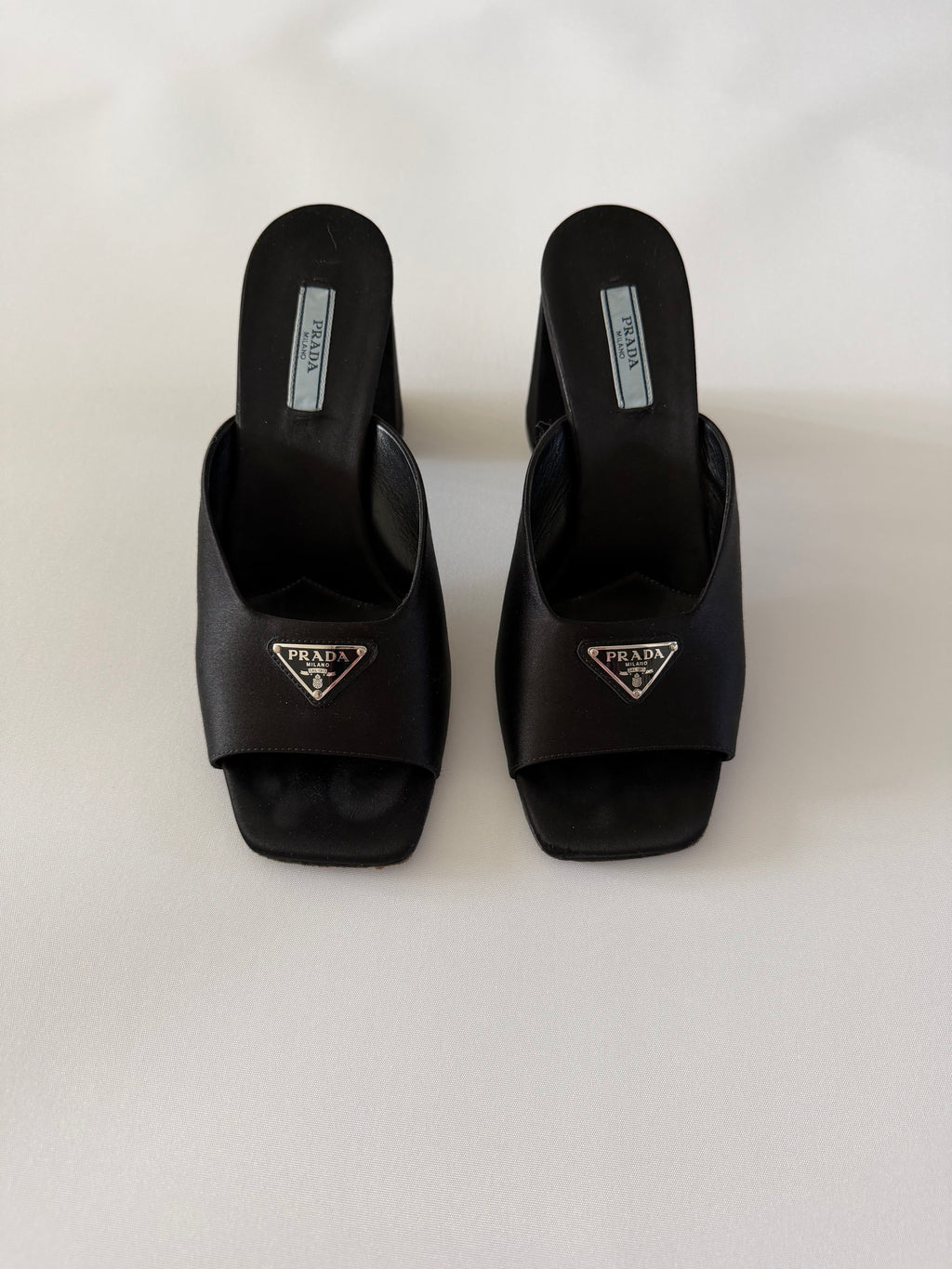Prada Black Leather Logo Mule Heels – Vintage Prada Milano Triangle Plaque Slides, Square Toe Block Heel Sandals Sz 39
