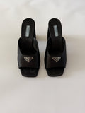 Prada Black Leather Logo Mule Heels – Vintage Prada Milano Triangle Plaque Slides, Square Toe Block Heel Sandals Sz 39
