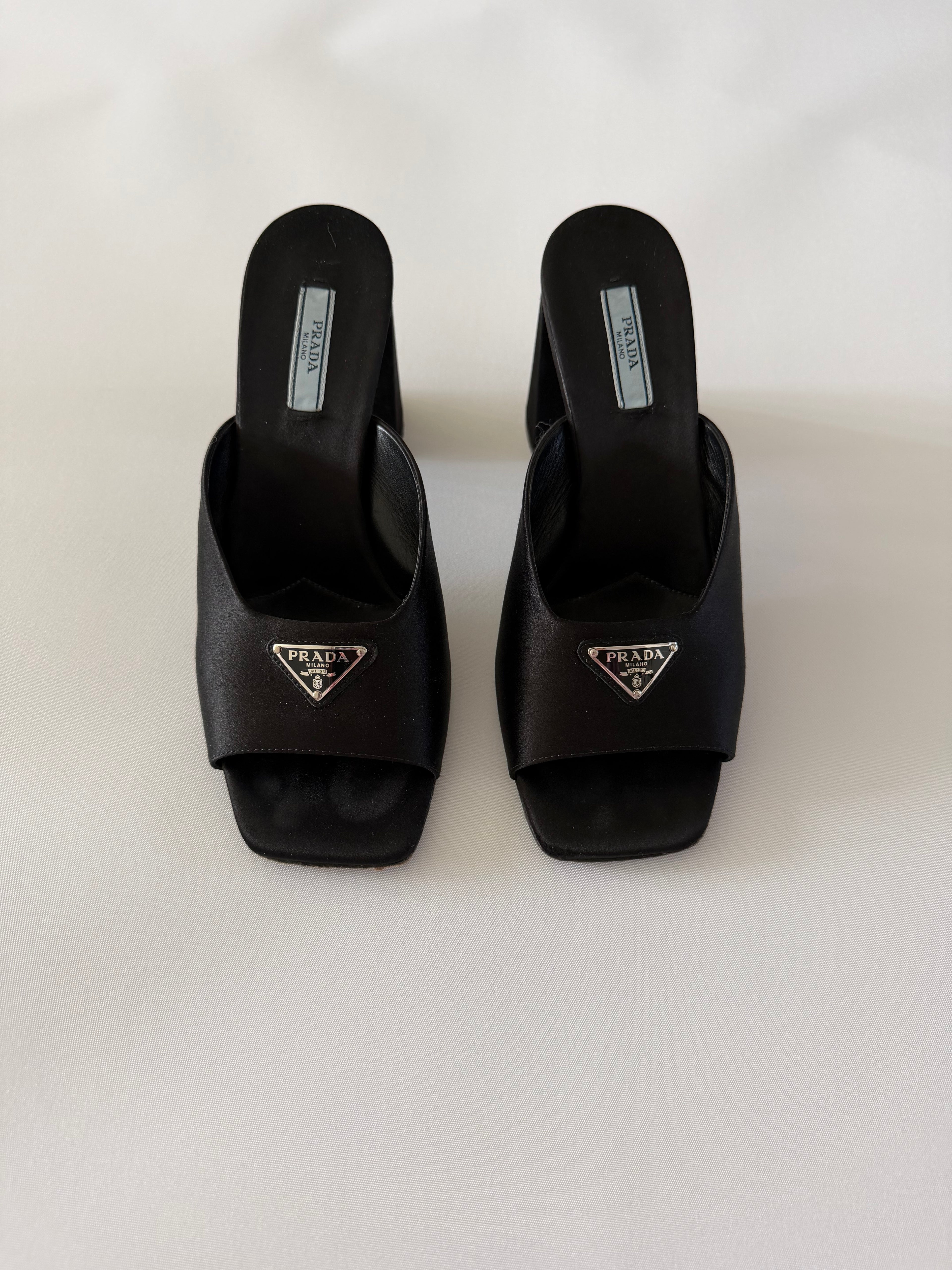 Prada Black Leather Logo Mule Heels – Vintage Prada Milano Triangle Plaque Slides, Square Toe Block Heel Sandals Sz 39