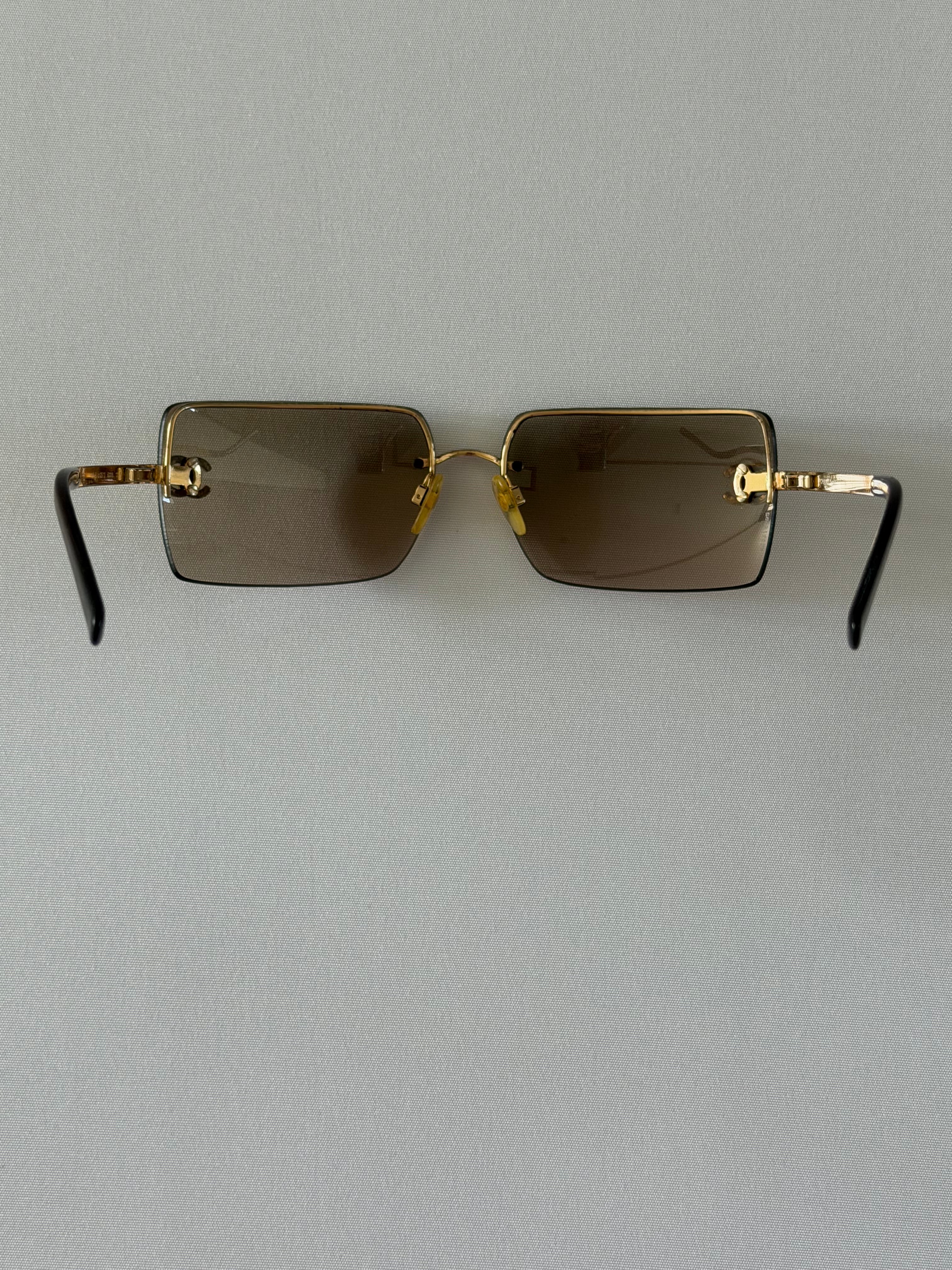 Chanel Rimless CC Logo Sunglasses – Vintage Brown Gradient Square Lens Gold Frame with Crystal Double CC