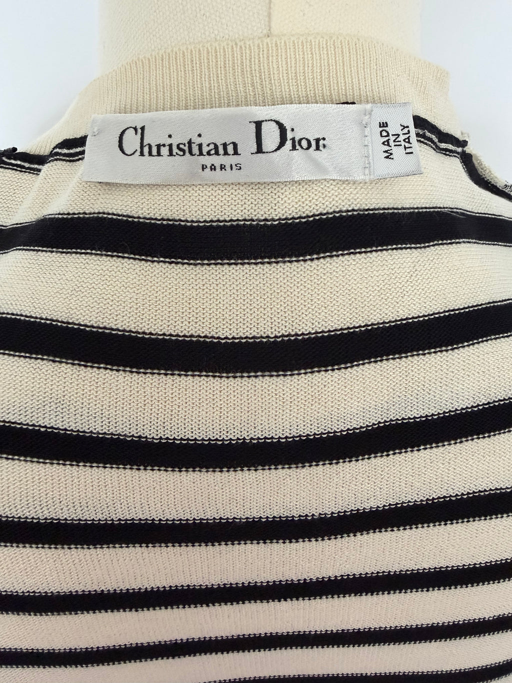 Christian Dior J’Adior White Striped Knit Top | Dior Logo Short Sleeve Sweater Made in Italy | Luxury Designer Tee