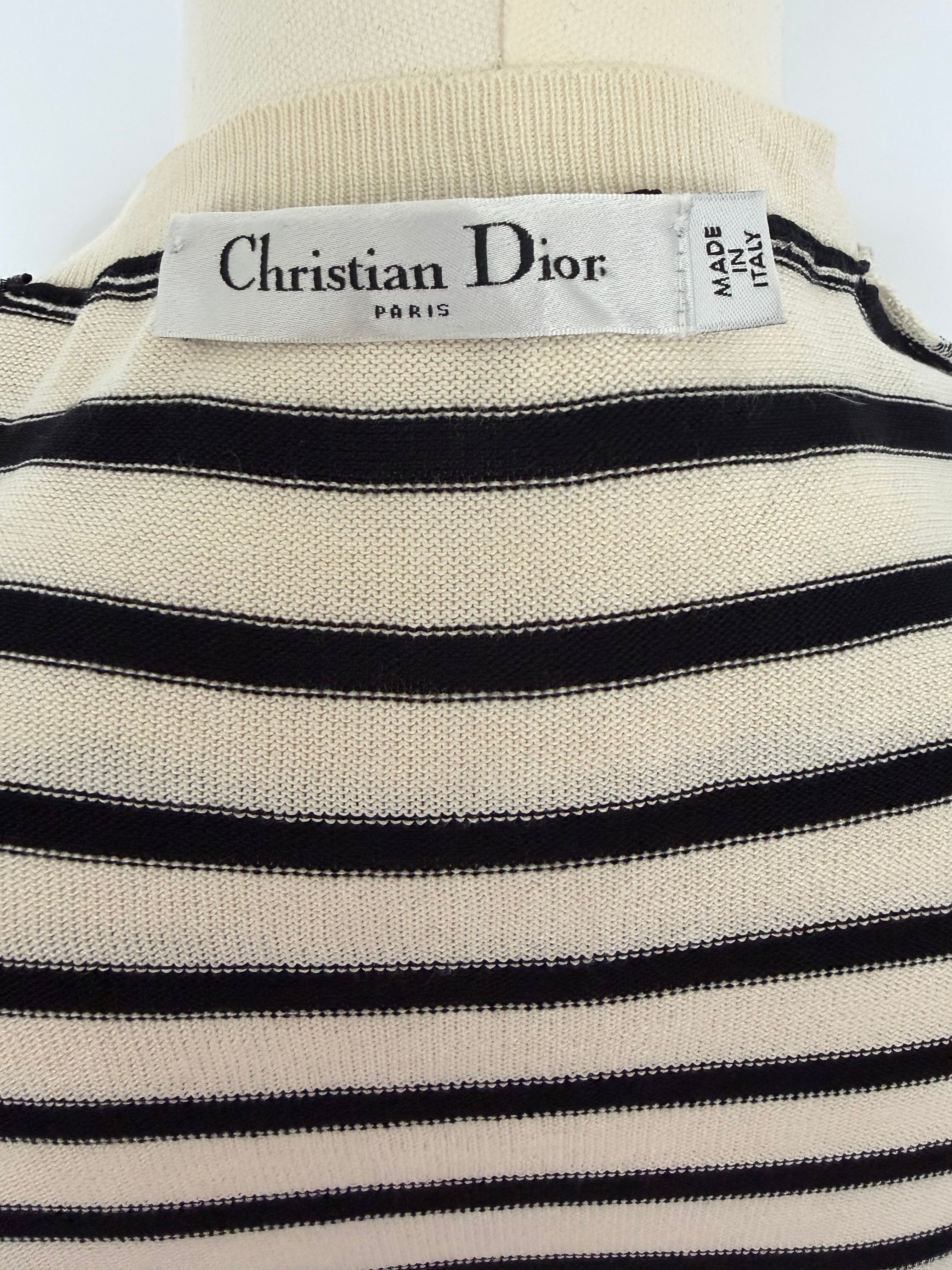 Christian Dior J’Adior White Striped Knit Top | Dior Logo Short Sleeve Sweater Made in Italy | Luxury Designer Tee