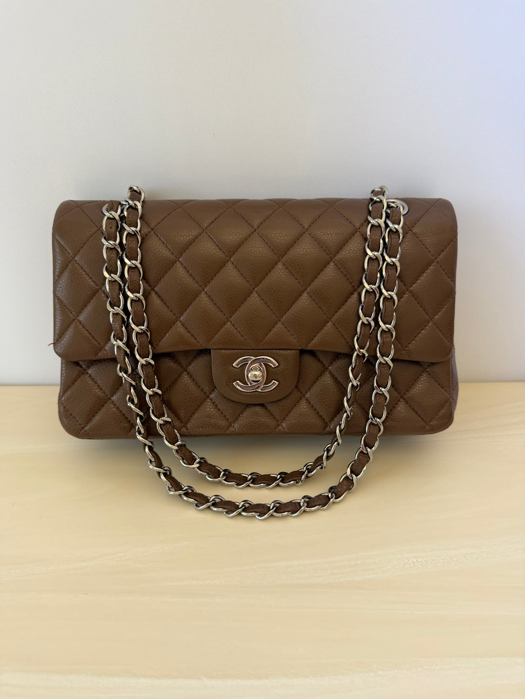 Chanel Classic Medium Double Flap Bag in Brown Caviar Leather with Silver Hardware