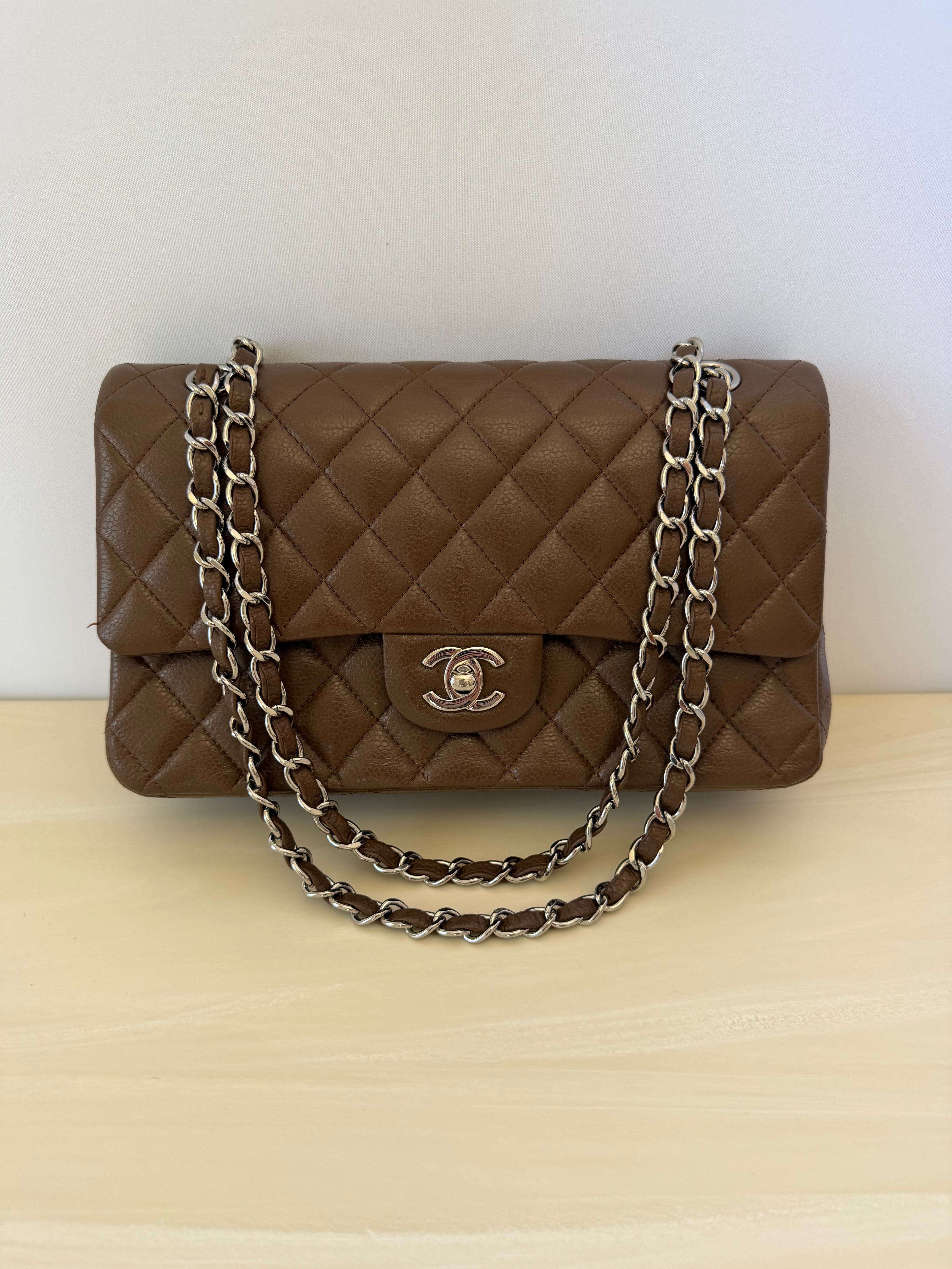 Chanel Classic Medium Double Flap Bag in Brown Caviar Leather with Silver Hardware