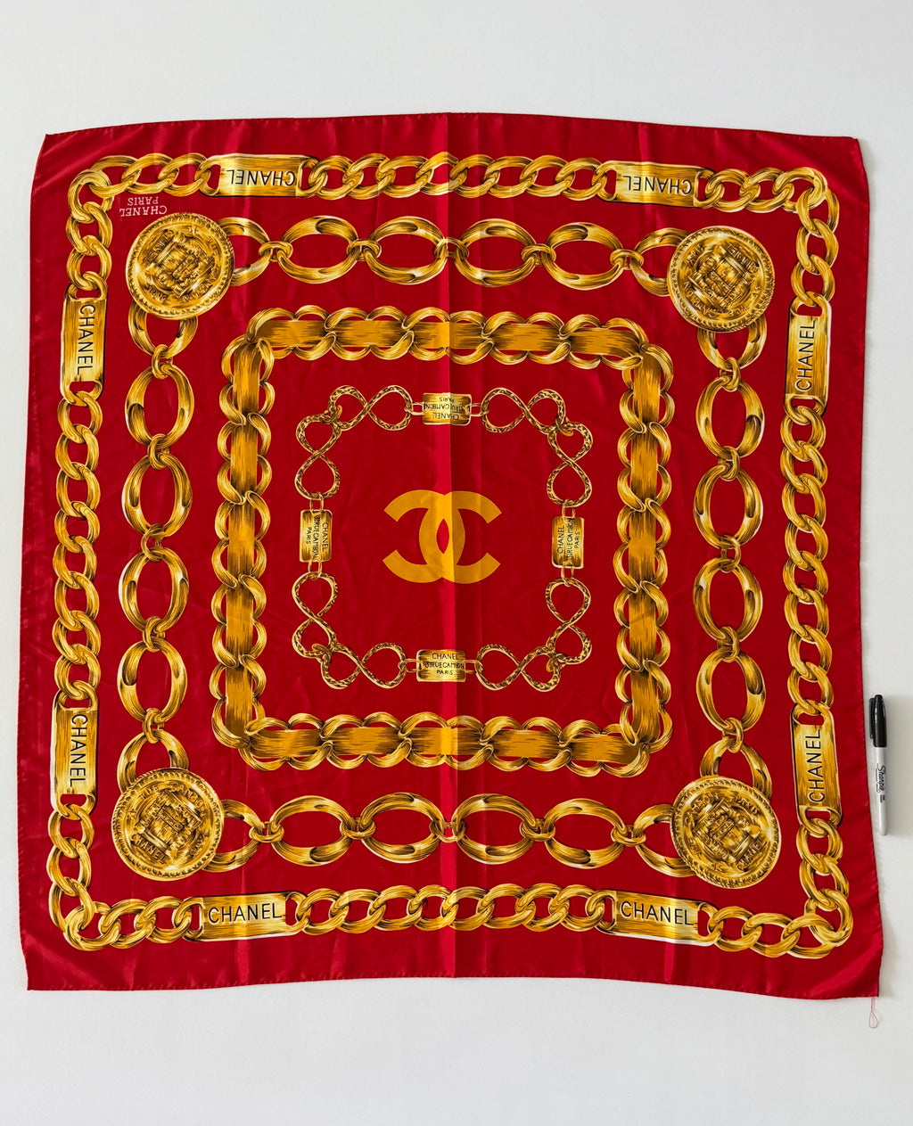Chanel Red Silk Chain Print Scarf CC Logo Gold Chain Rue Cambon Paris 100% Silk Made in France