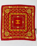 Chanel Red Silk Chain Print Scarf CC Logo Gold Chain Rue Cambon Paris 100% Silk Made in France