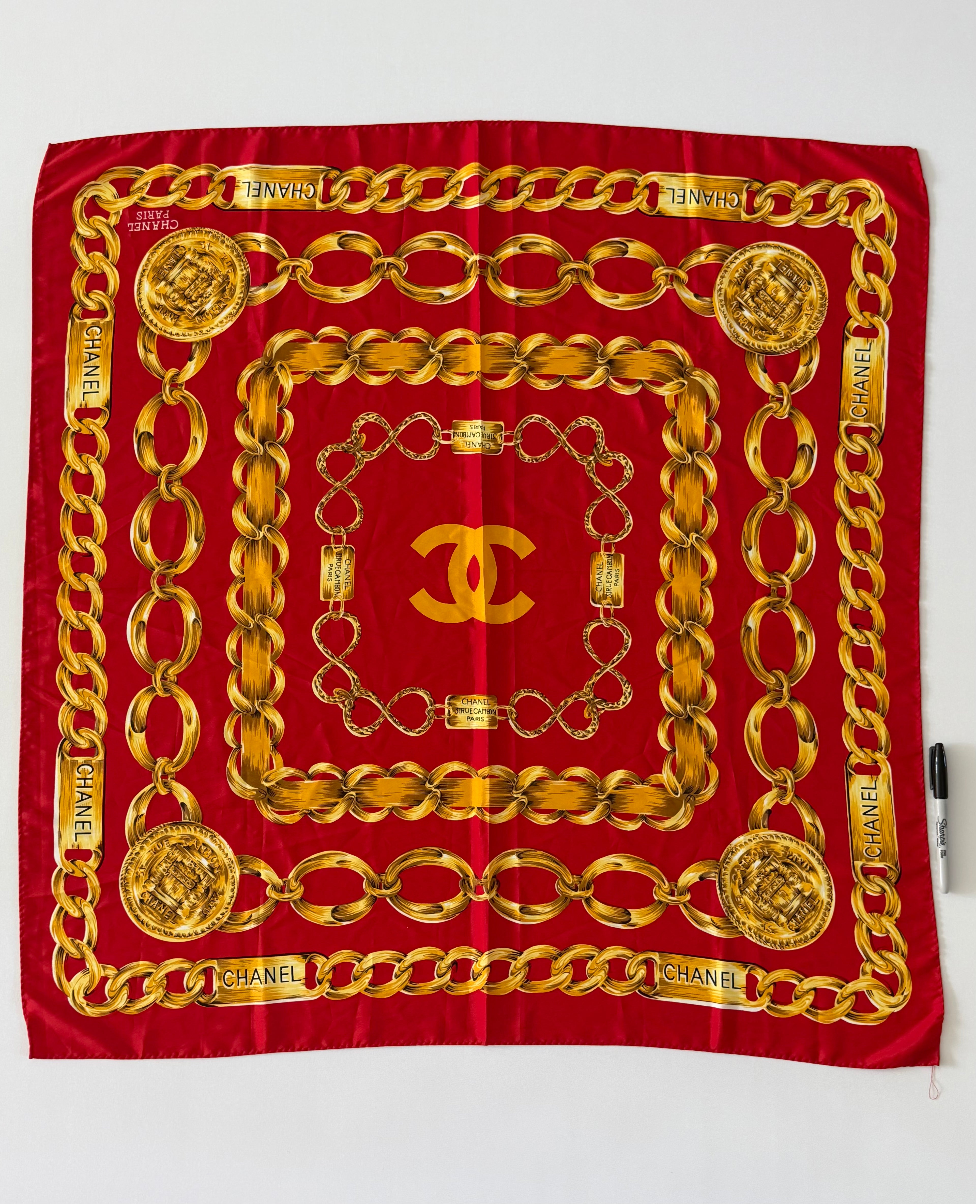 Chanel Red Silk Chain Print Scarf CC Logo Gold Chain Rue Cambon Paris 100% Silk Made in France