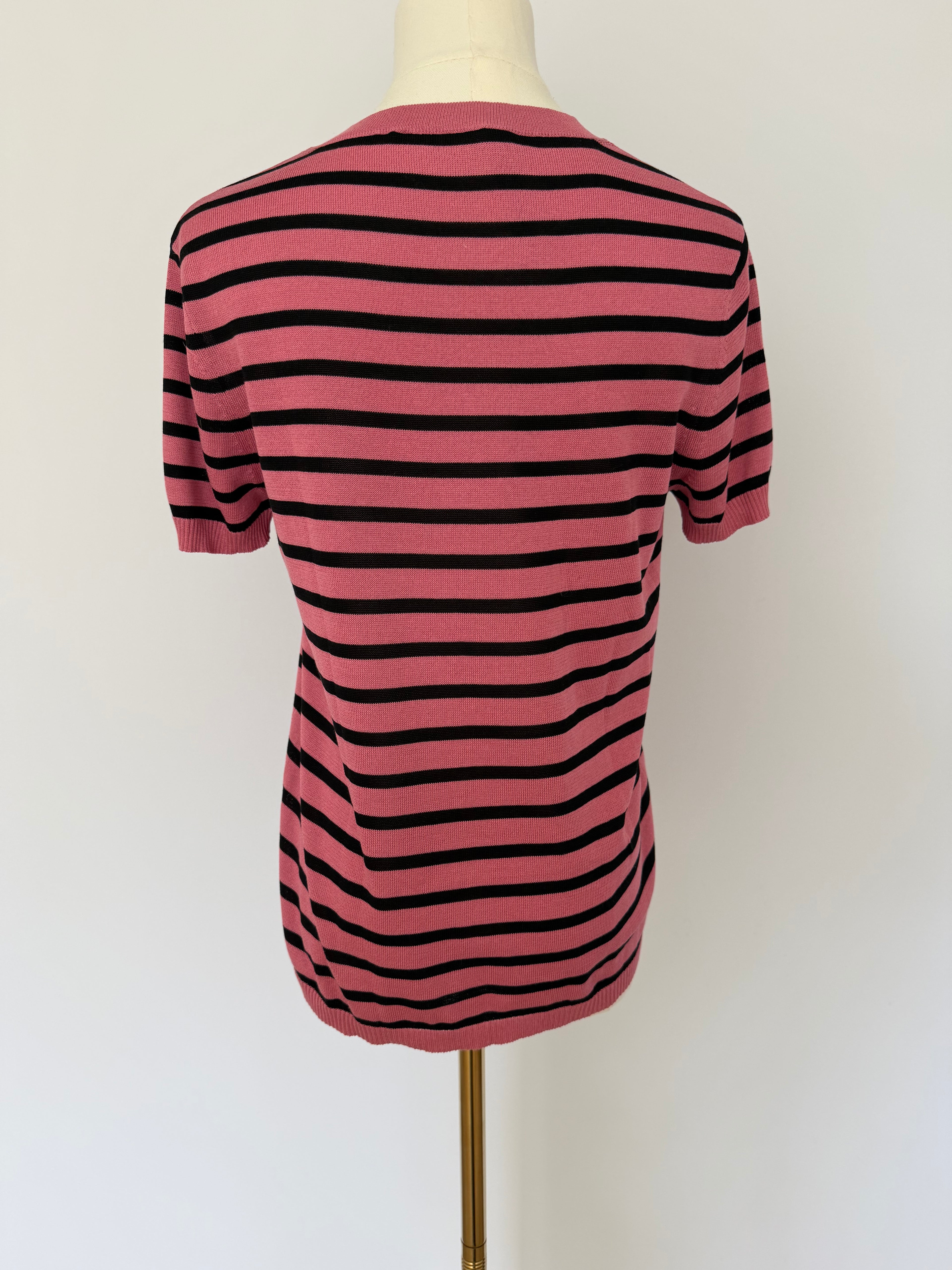 Christian Dior J’Adior Pink Striped Knit Top | Dior Logo Short Sleeve Sweater Made in Italy | Luxury Designer Tee