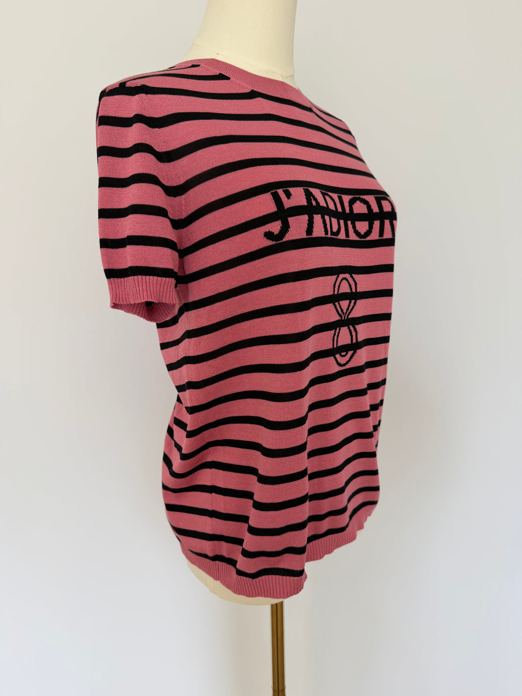 Christian Dior J’Adior Pink Striped Knit Top | Dior Logo Short Sleeve Sweater Made in Italy | Luxury Designer Tee