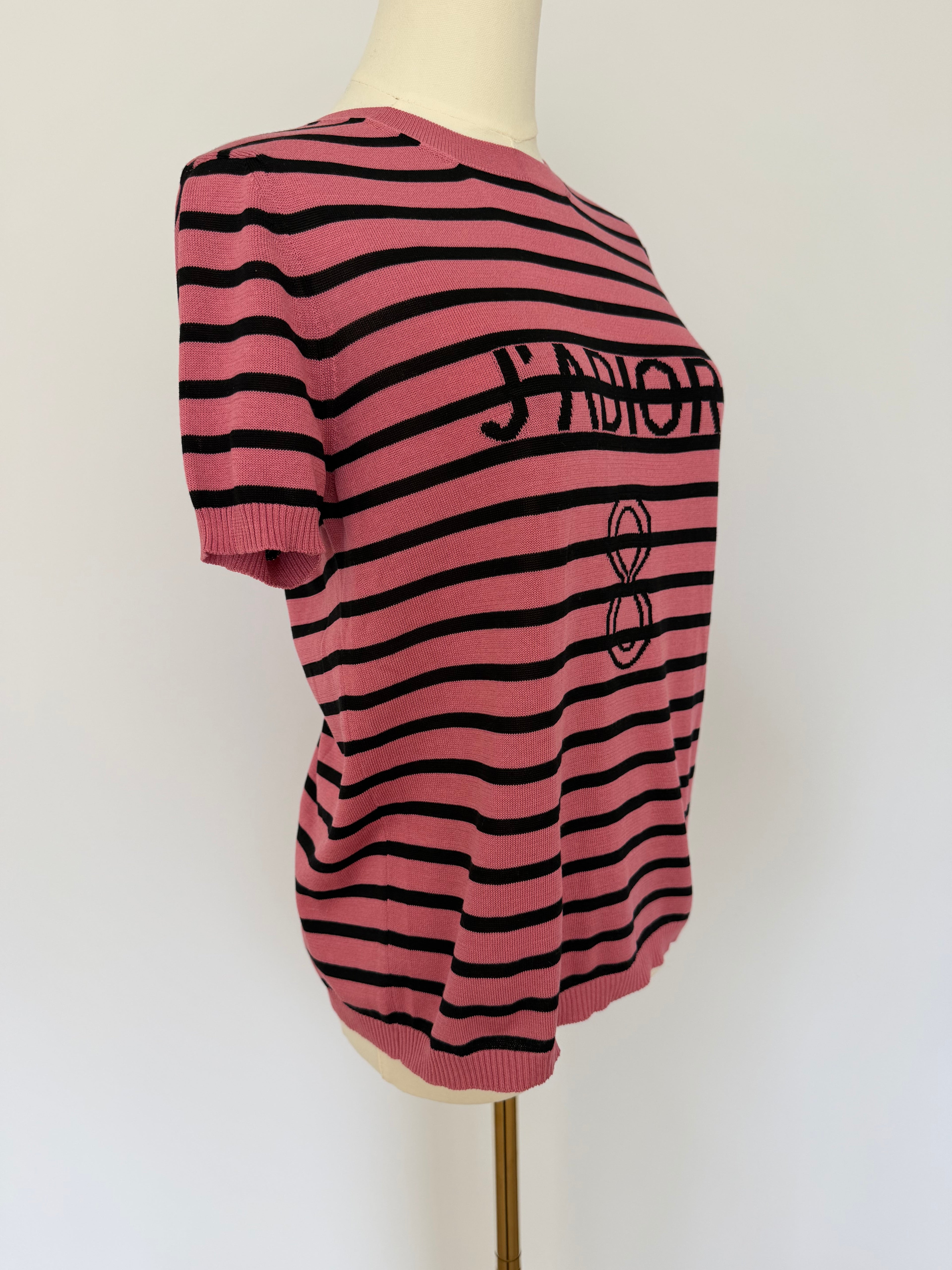 Christian Dior J’Adior Pink Striped Knit Top | Dior Logo Short Sleeve Sweater Made in Italy | Luxury Designer Tee