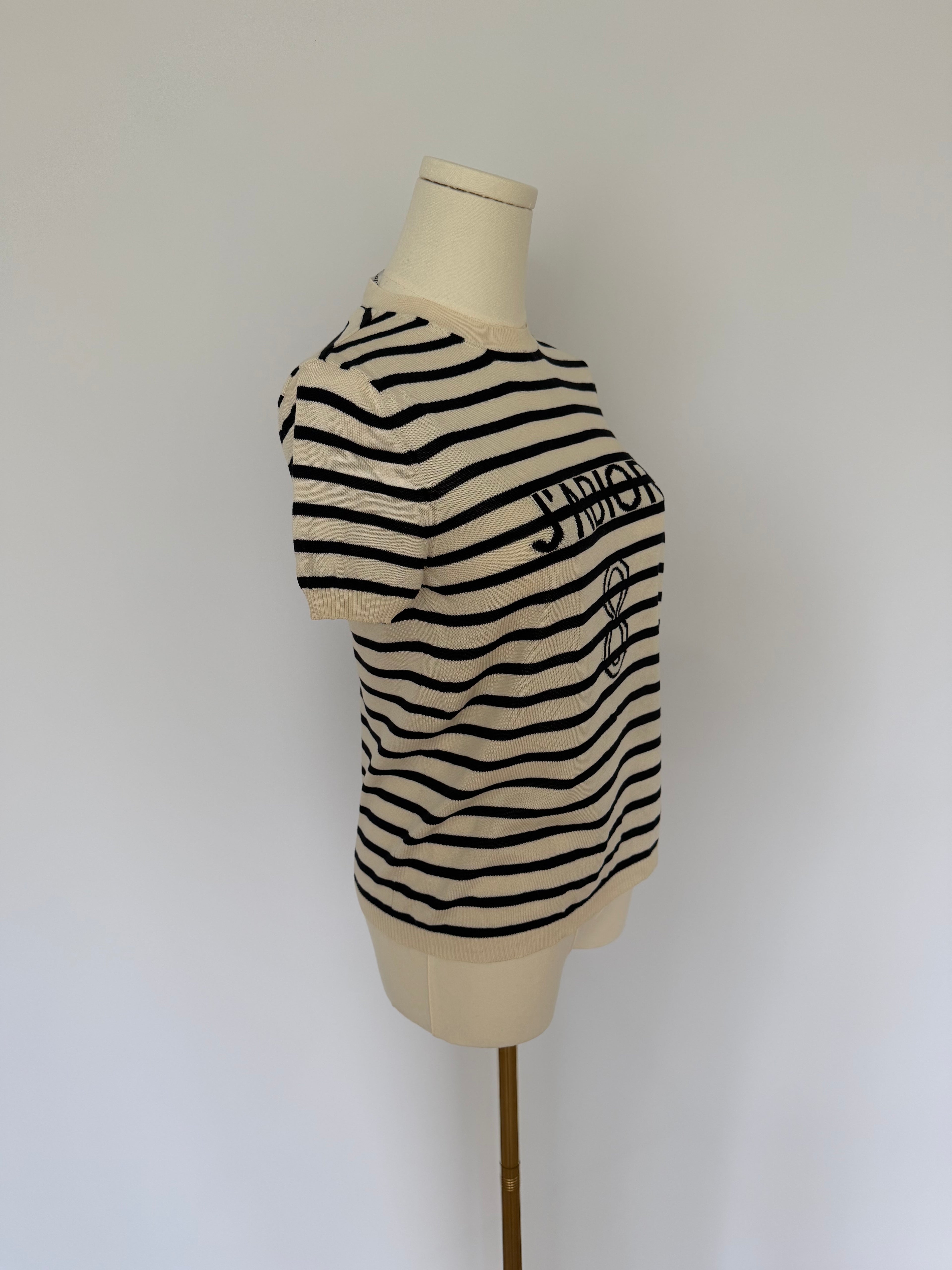 Christian Dior J’Adior White Striped Knit Top | Dior Logo Short Sleeve Sweater Made in Italy | Luxury Designer Tee