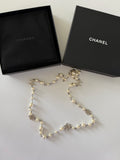 Chanel CC Faux Pearl Long Necklace Silver Crystal Logo Station Chain Classic