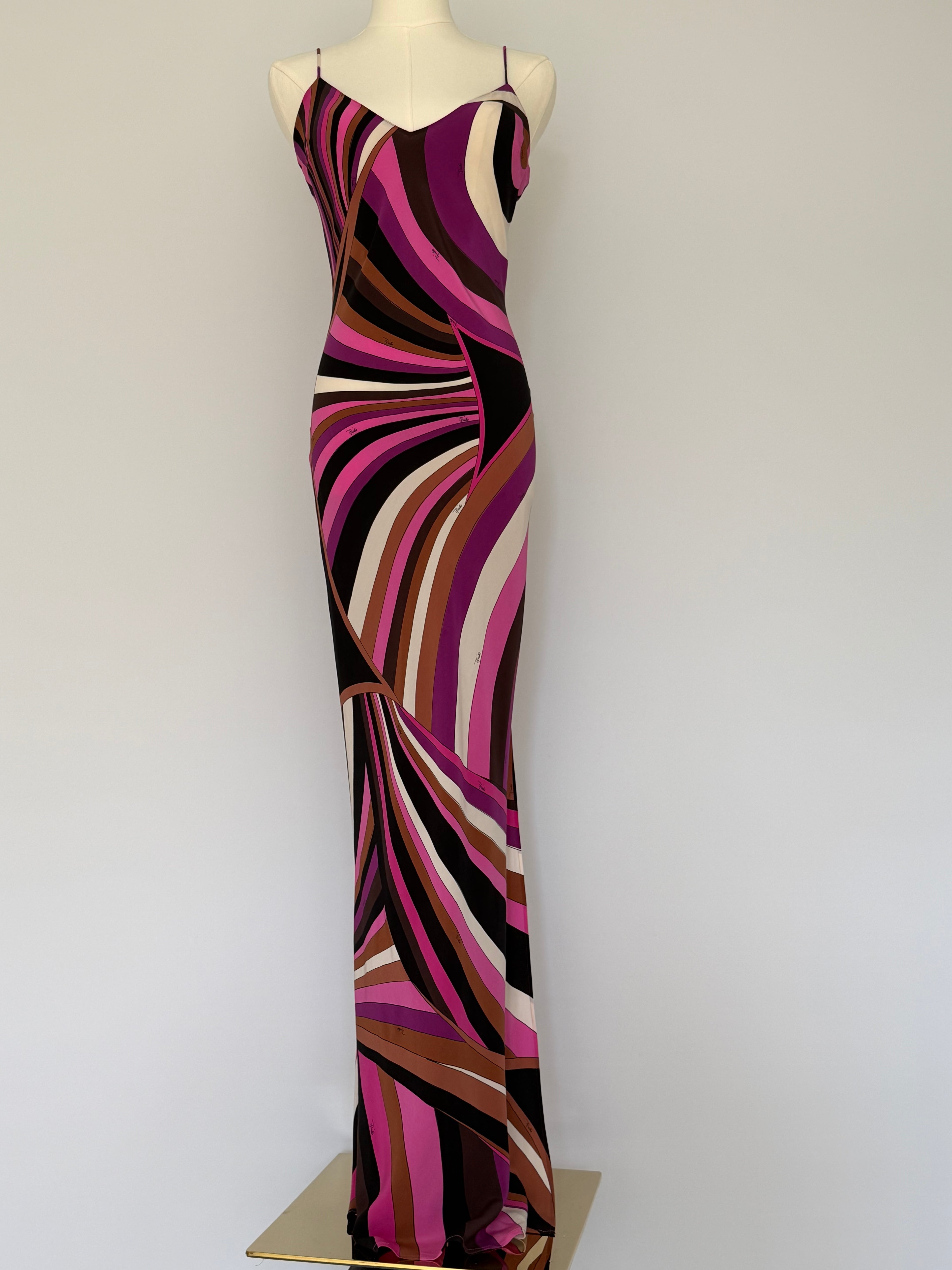 Emilio Pucci Silk Jersey Maxi Dress Pink Swirl Print | Vintage Y2K Bodycon Slip Gown