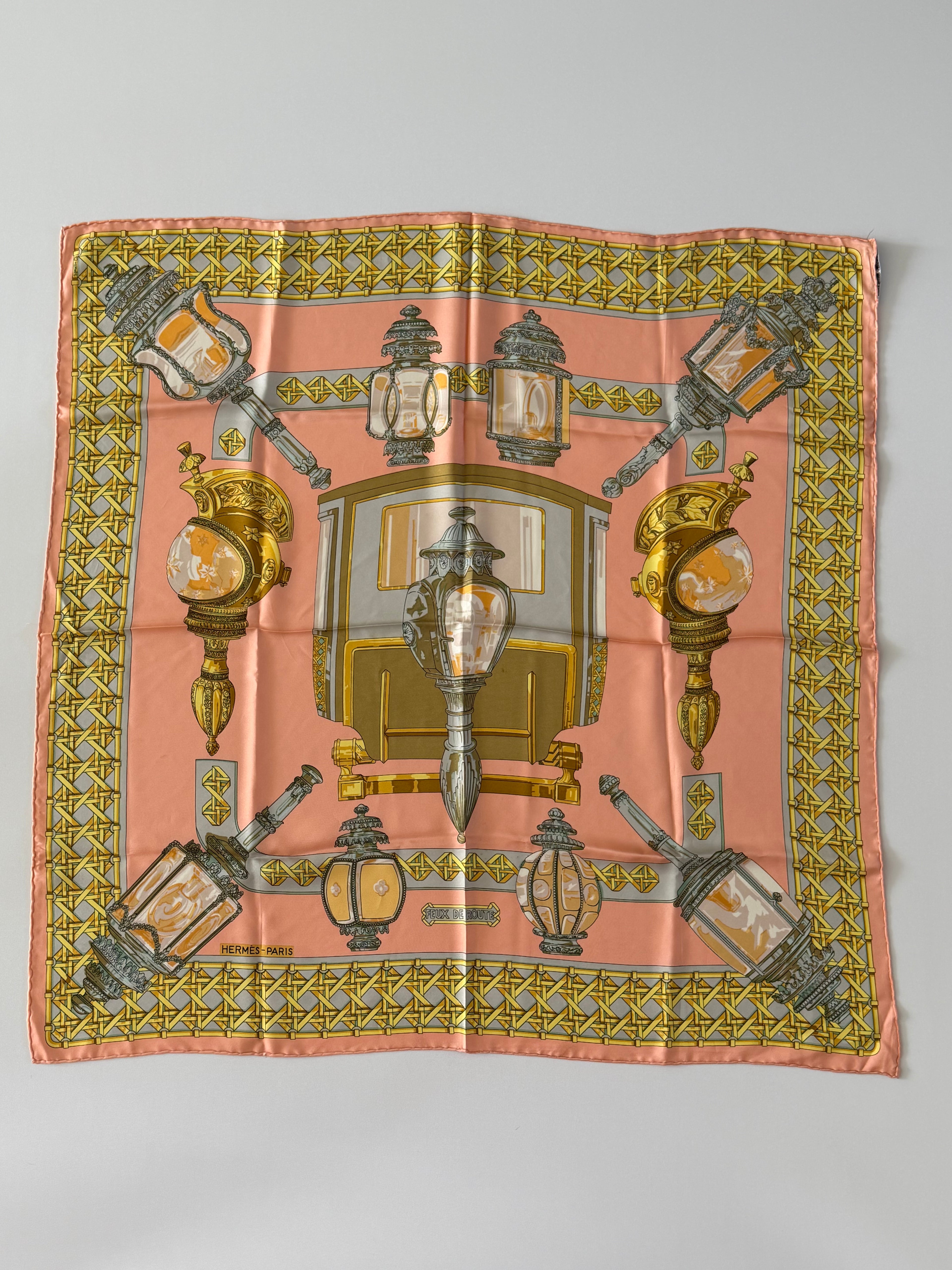 Hermès “Feux de Route” Silk Scarf 90cm Peach Gold Lantern Print Vintage Hermes Paris 100% Silk Made in France