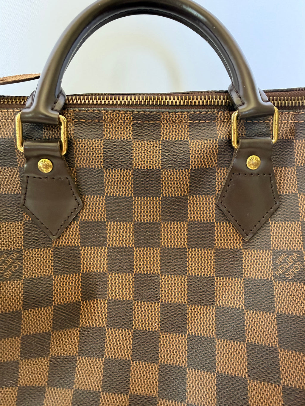 Louis Vuitton Damier Ebene Speedy 30 Handbag – Brown Checkered Canvas Satchel with Red Interior