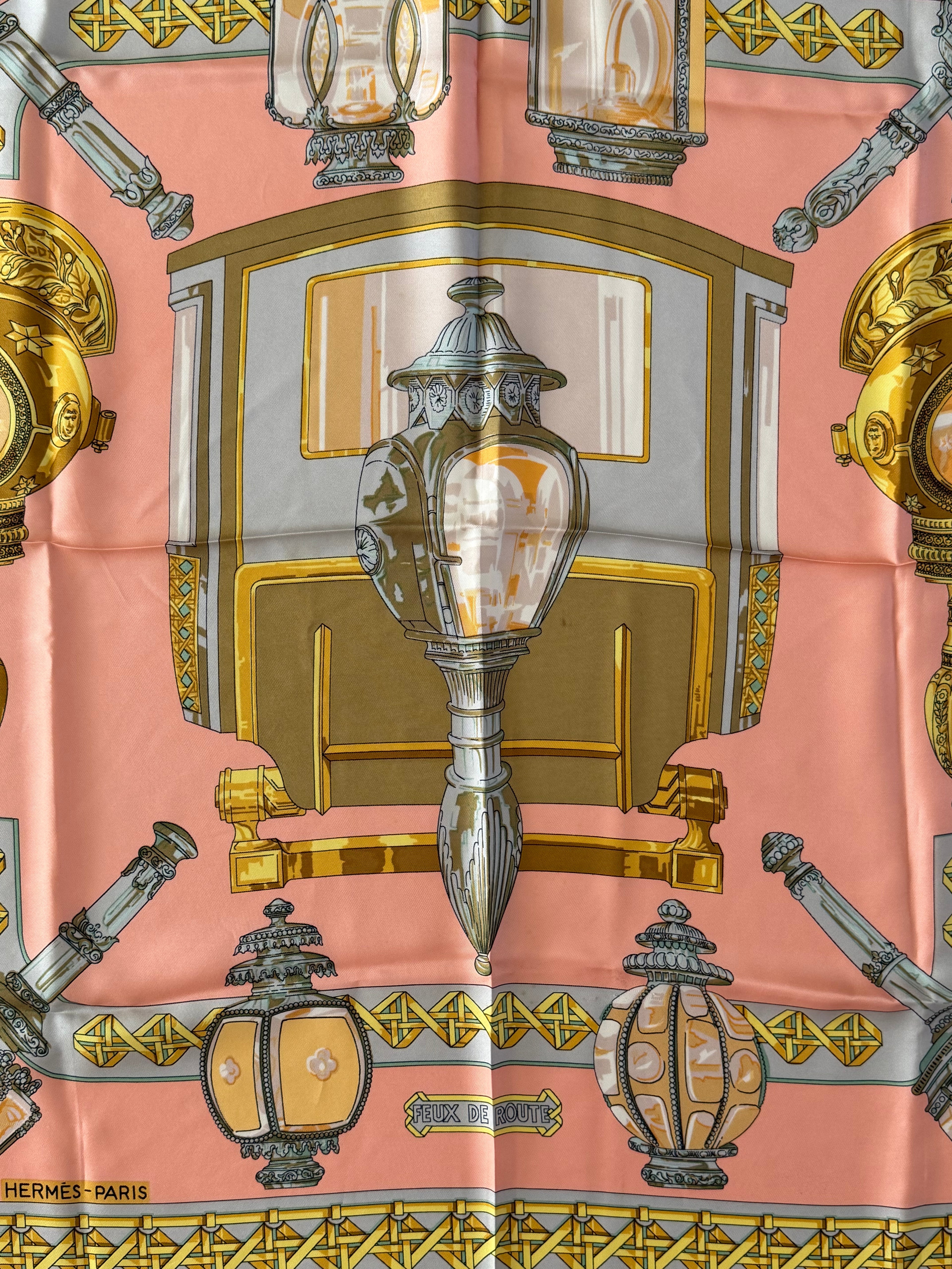 Hermès “Feux de Route” Silk Scarf 90cm Peach Gold Lantern Print Vintage Hermes Paris 100% Silk Made in France