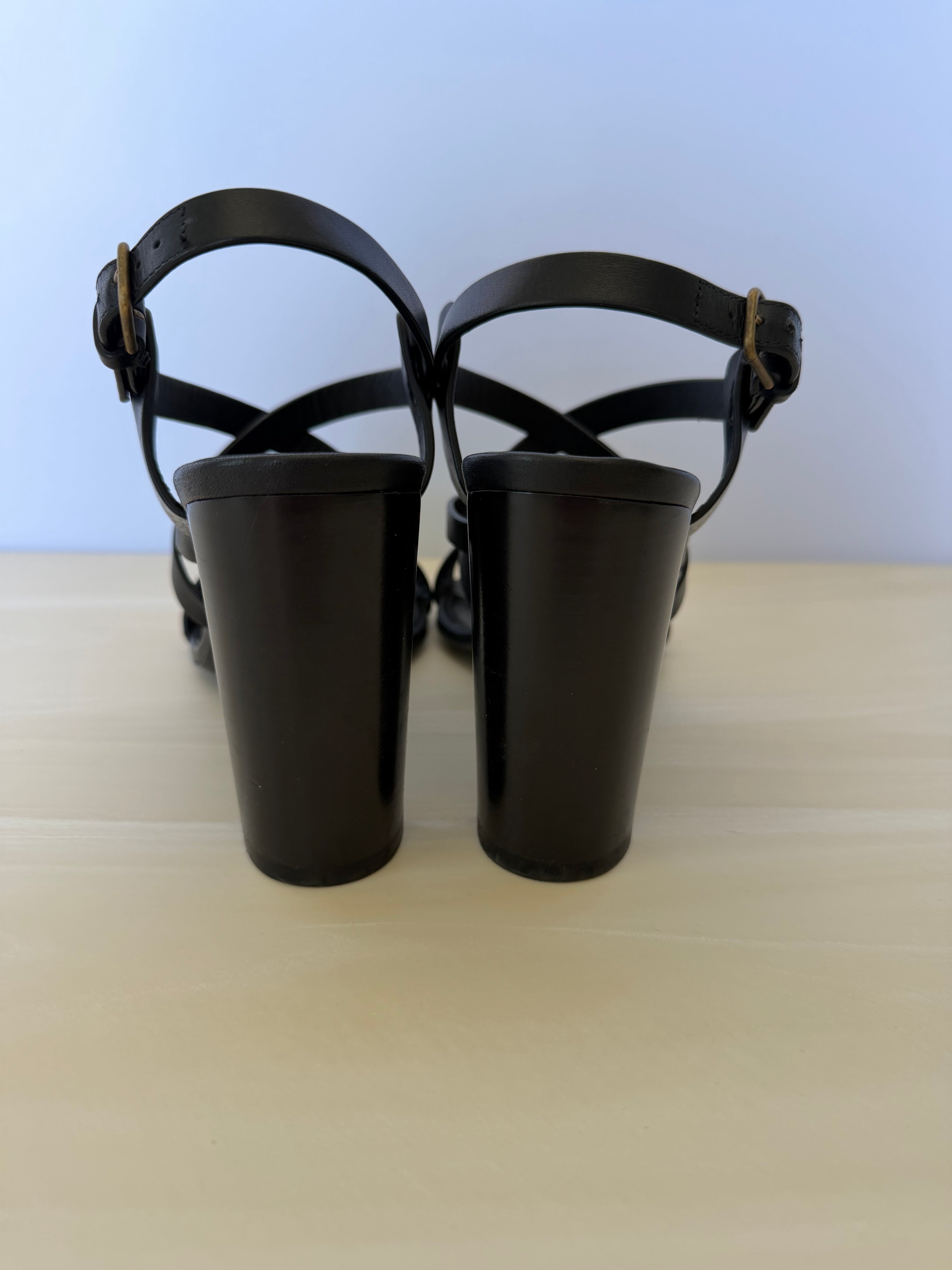 Saint Laurent Paris Black Leather Strappy Block Heel Sandals | Minimalist YSL Heels Size 38.5