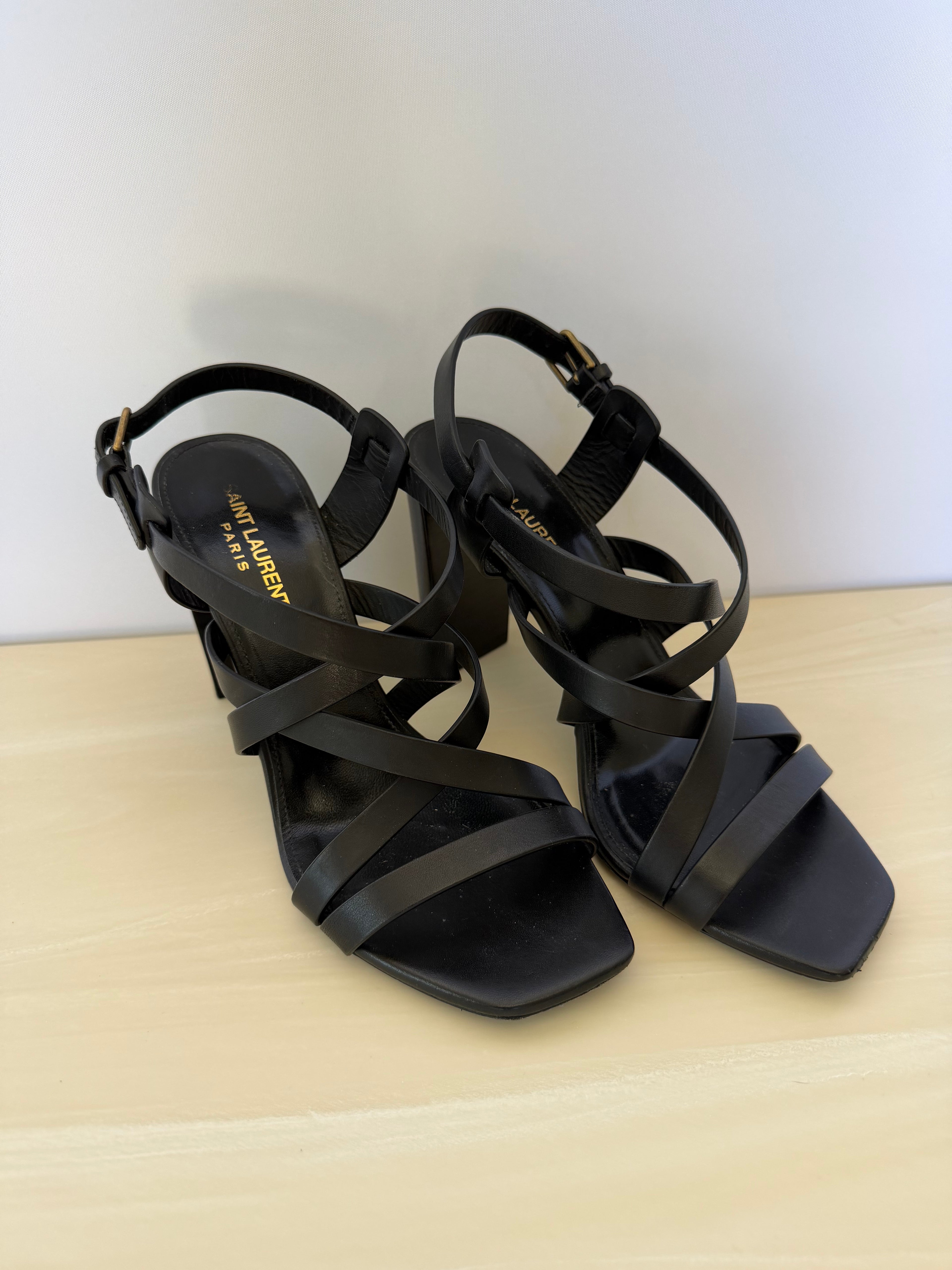 Saint Laurent Paris Black Leather Strappy Block Heel Sandals | Minimalist YSL Heels Size 38.5