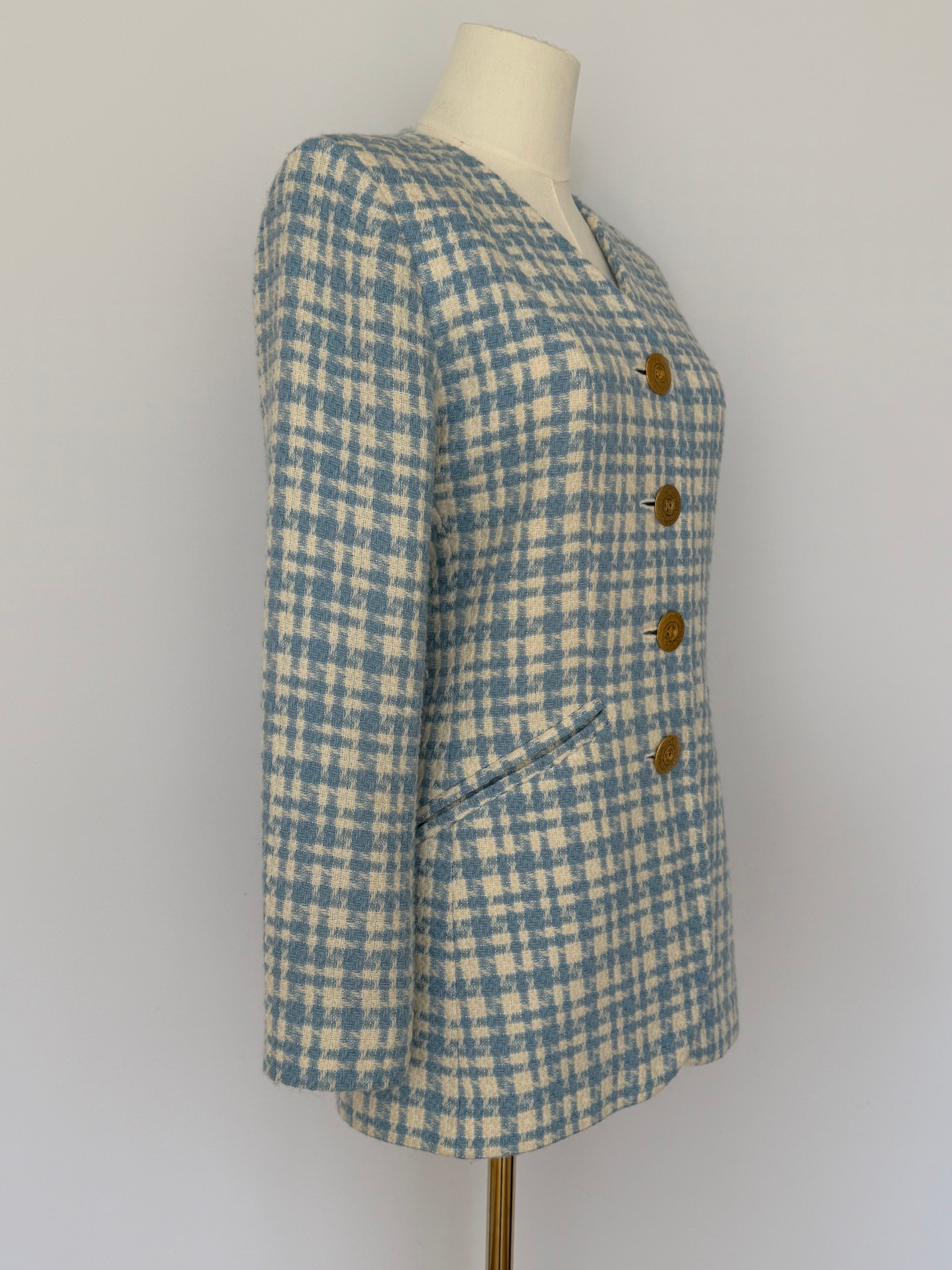 Vintage Yves Saint Laurent Variation Blue & Cream Wool Tweed Blazer | YSL Paris Made in France Jacket Size 38