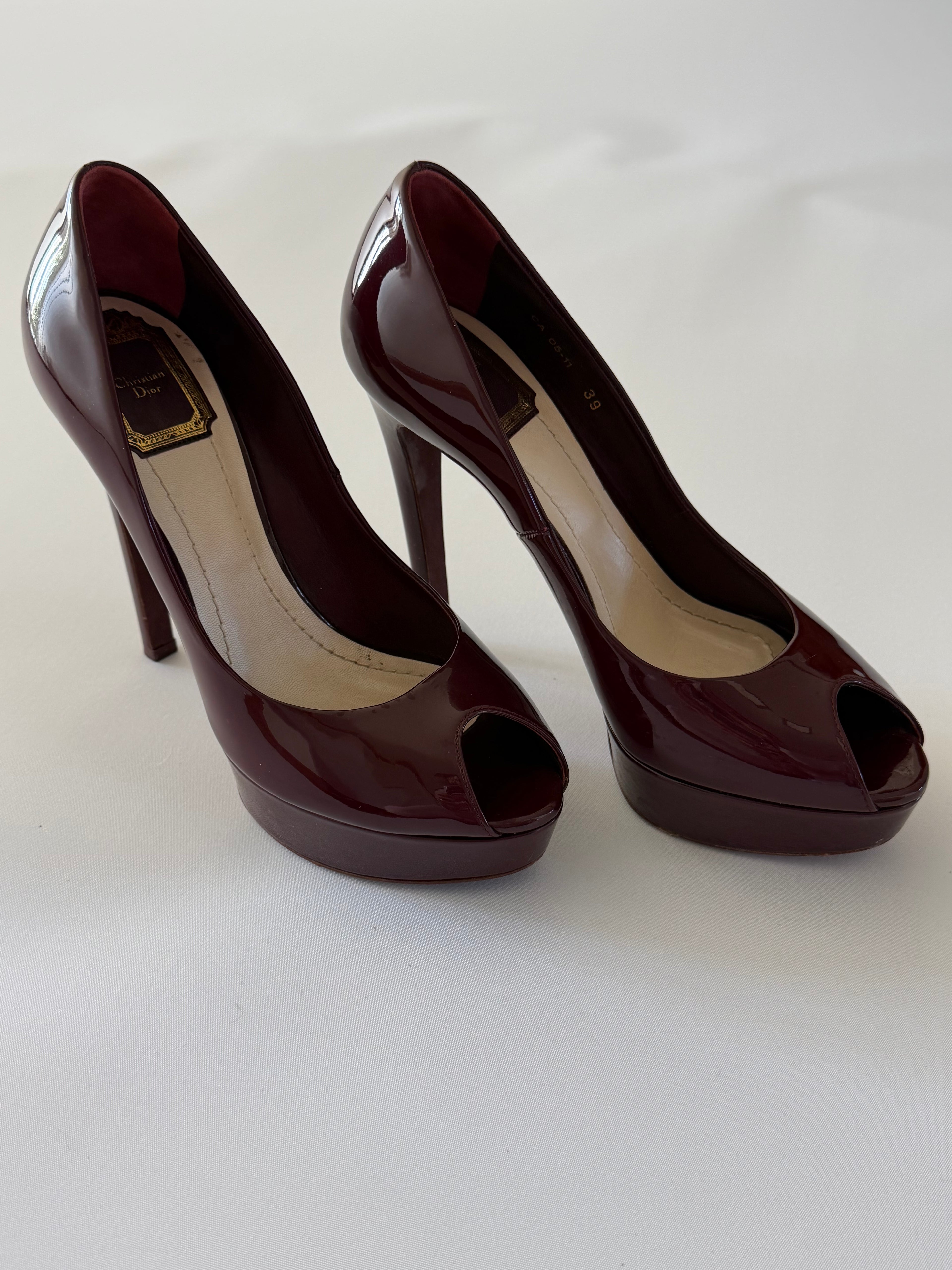 Christian Dior Burgundy Patent Leather Peep Toe Platform Pumps CD Heel Size 39
