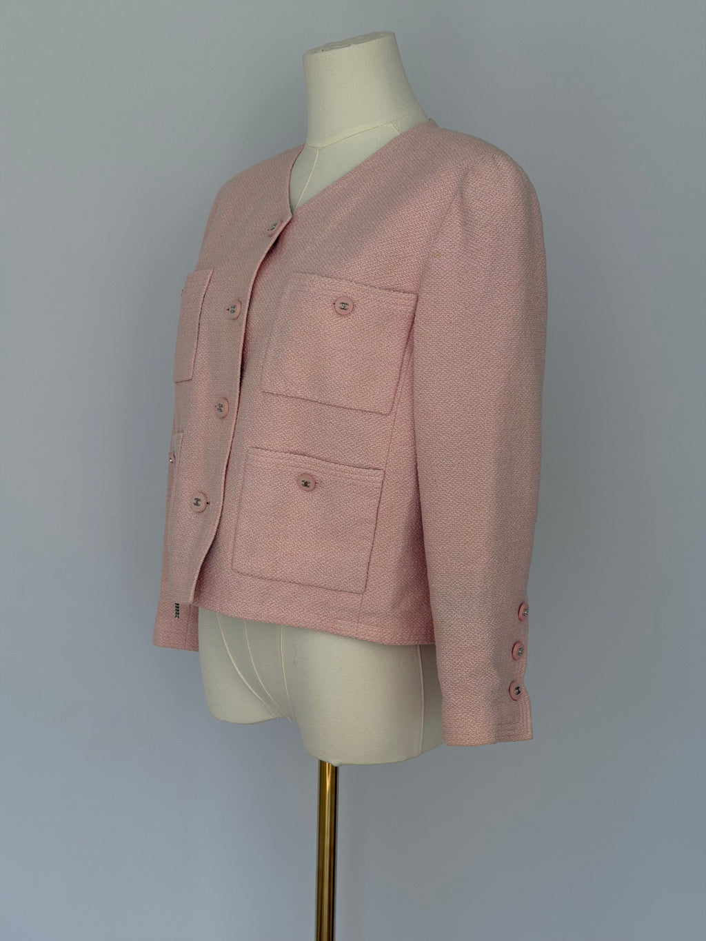 Chanel Pink Tweed Cropped Jacket CC Button Cardigan Blazer | Vintage Chanel Boutique Jacket