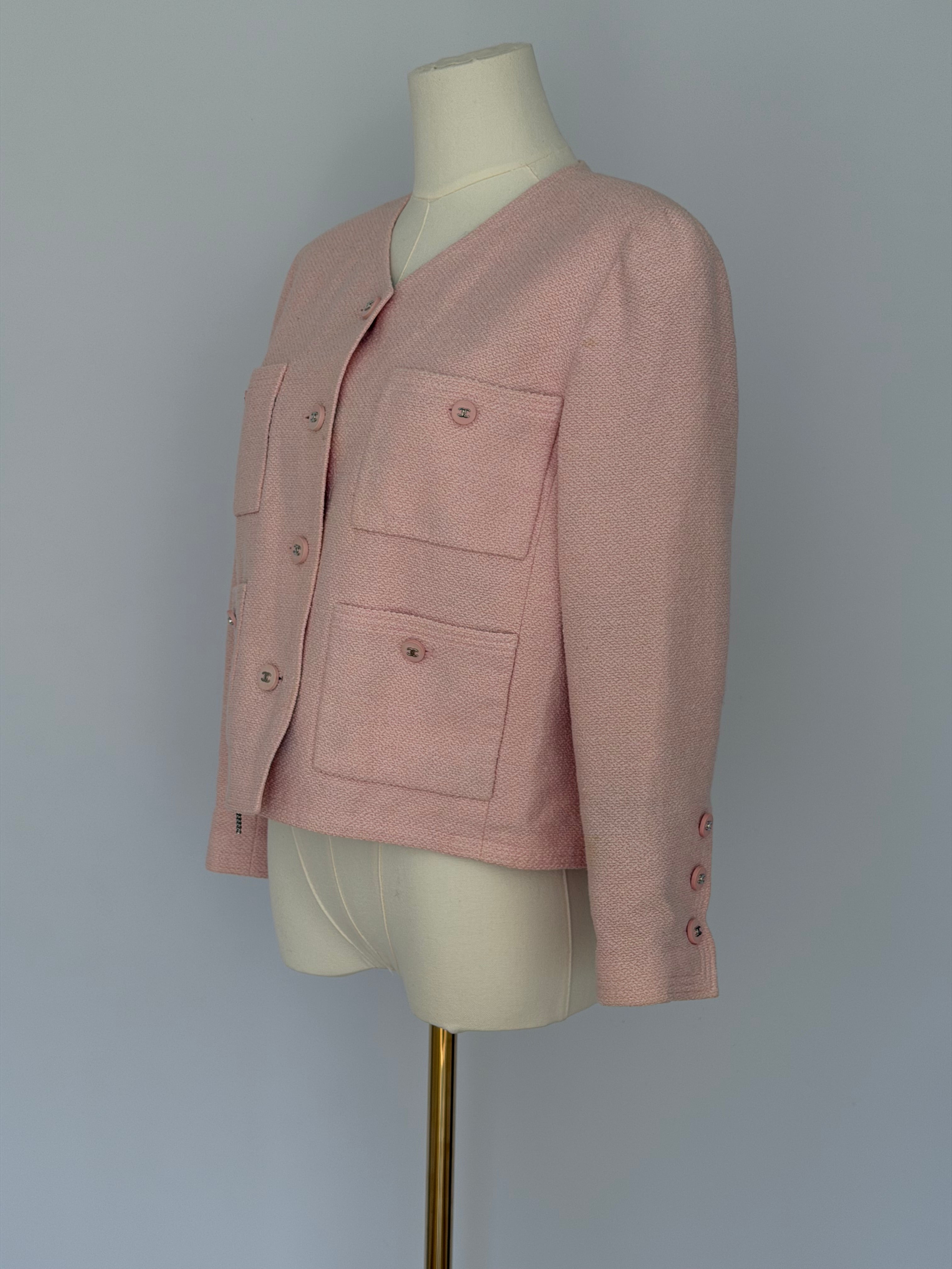 Chanel Pink Tweed Cropped Jacket CC Button Cardigan Blazer | Vintage Chanel Boutique Jacket