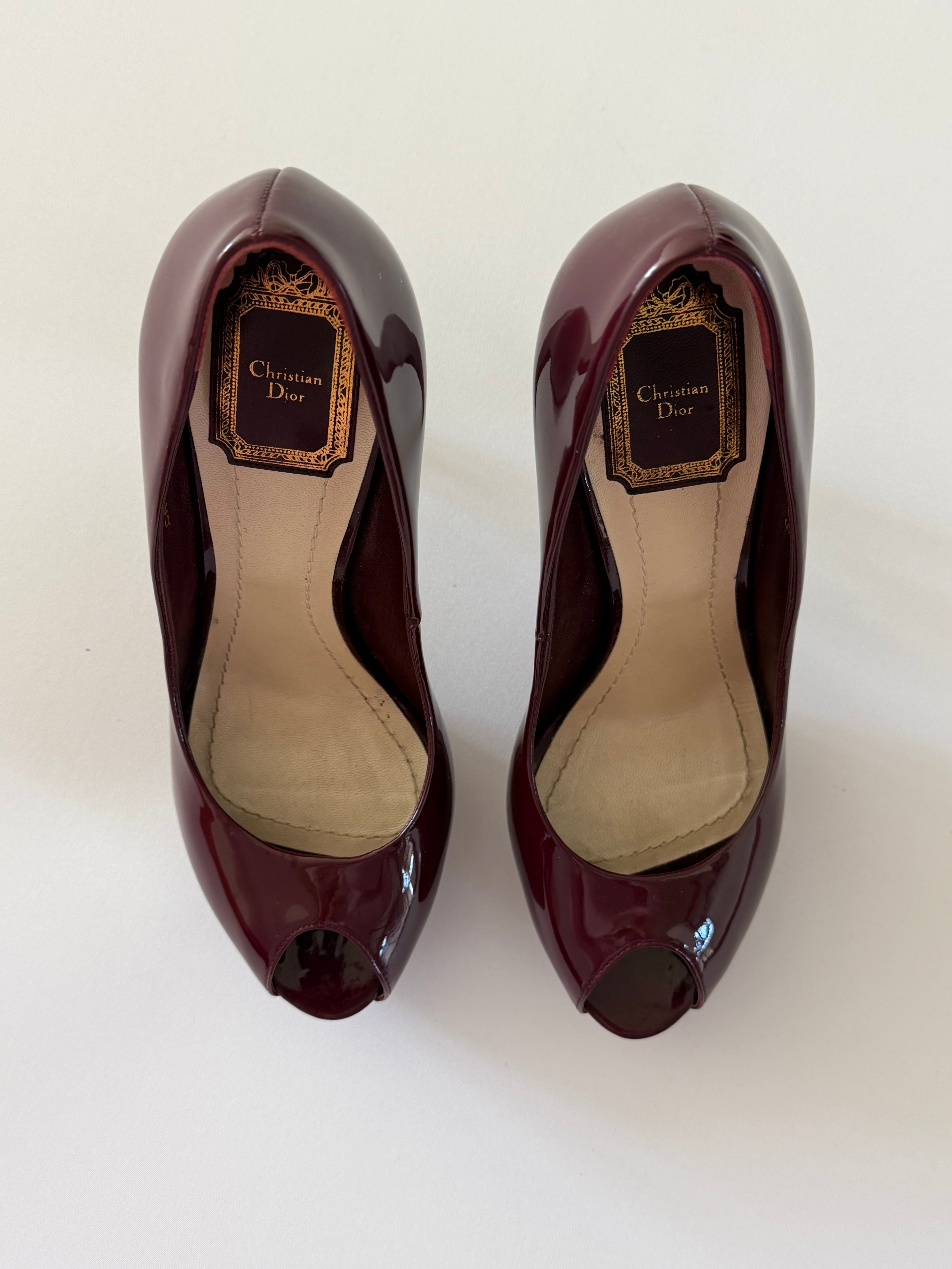 Christian Dior Burgundy Patent Leather Peep Toe Platform Pumps CD Heel Size 39