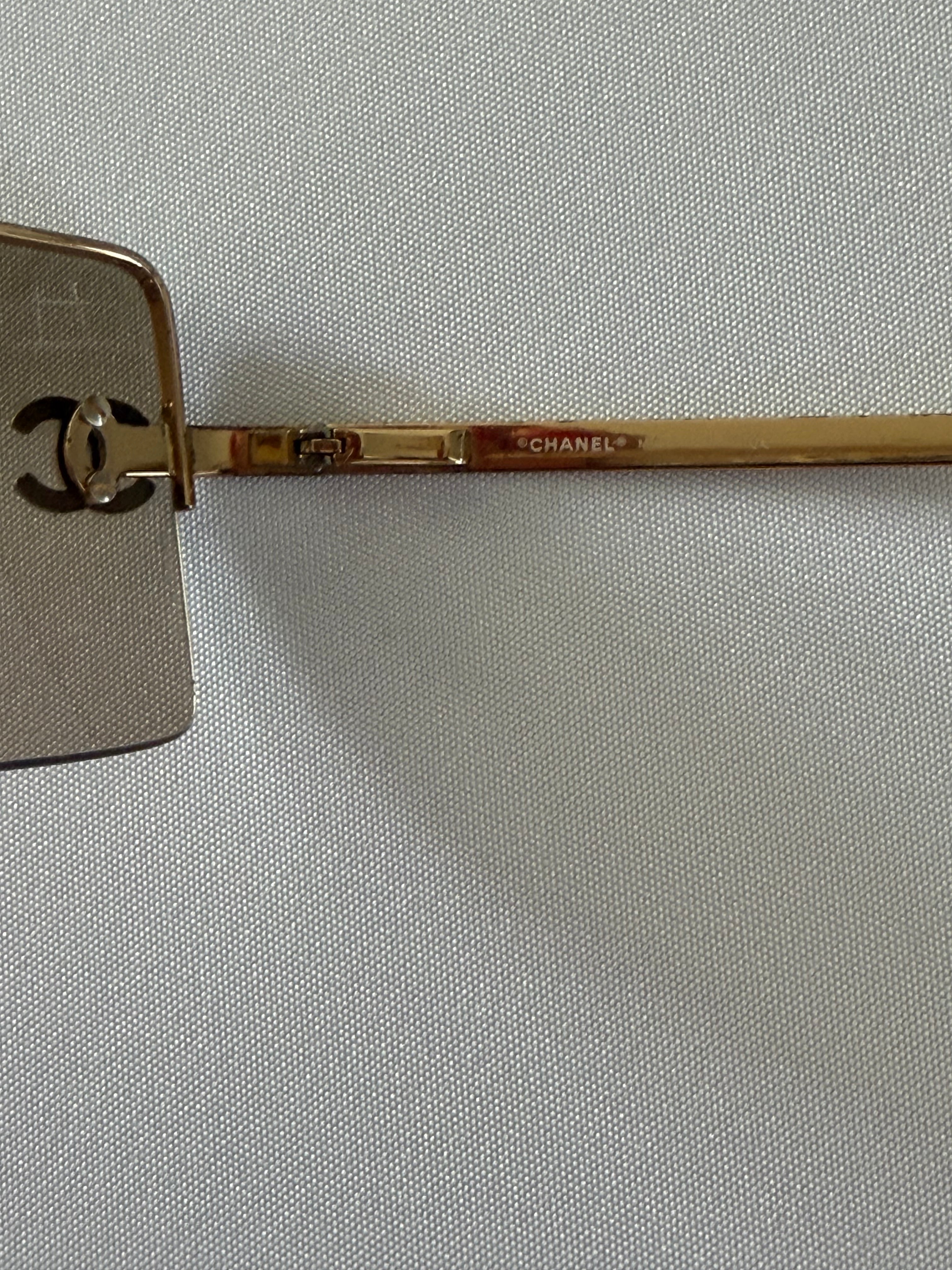 Chanel Rimless CC Logo Sunglasses – Vintage Brown Gradient Square Lens Gold Frame with Crystal Double CC
