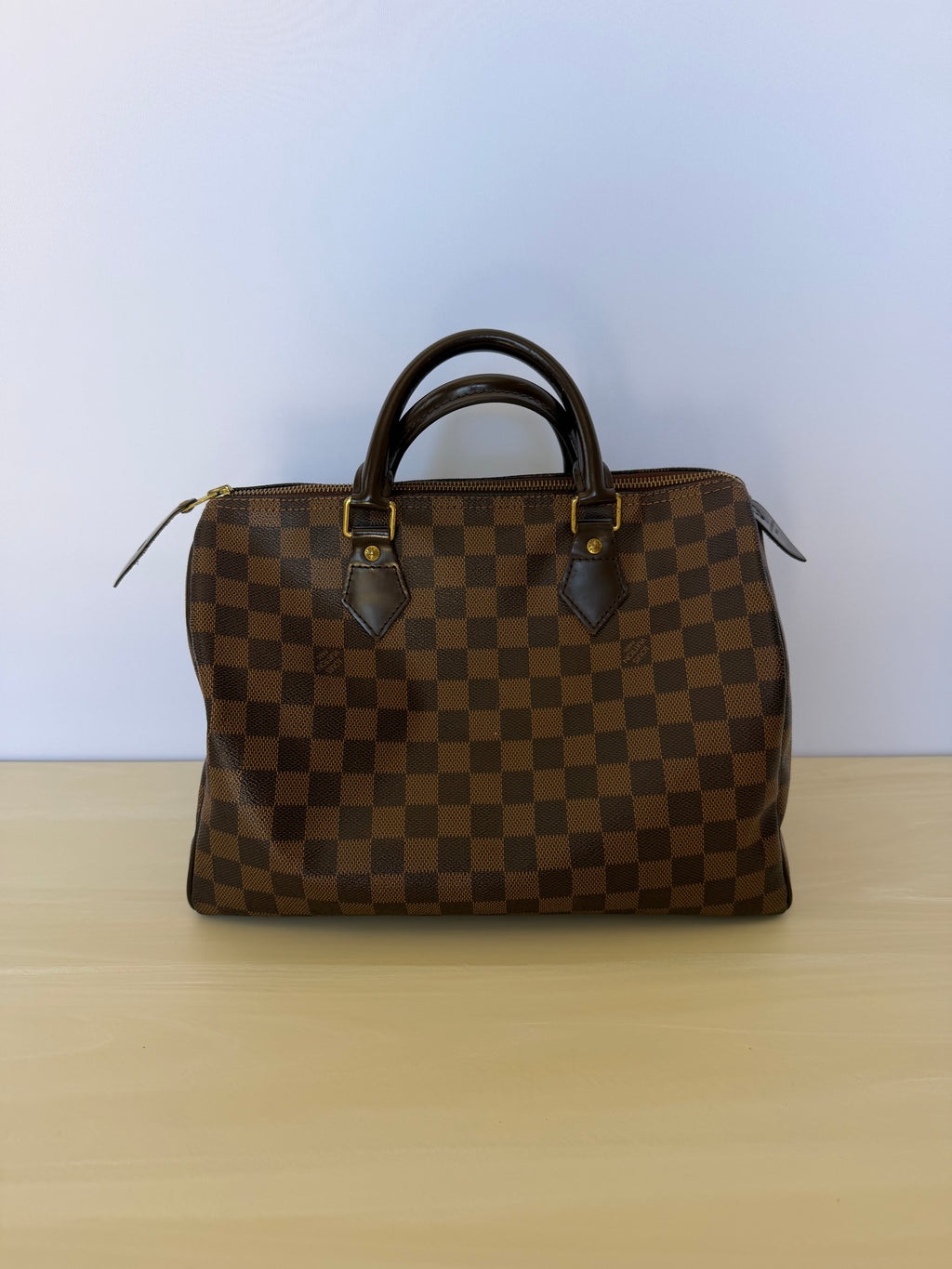 Louis Vuitton Damier Ebene Speedy 30 Handbag – Brown Checkered Canvas Satchel with Red Interior
