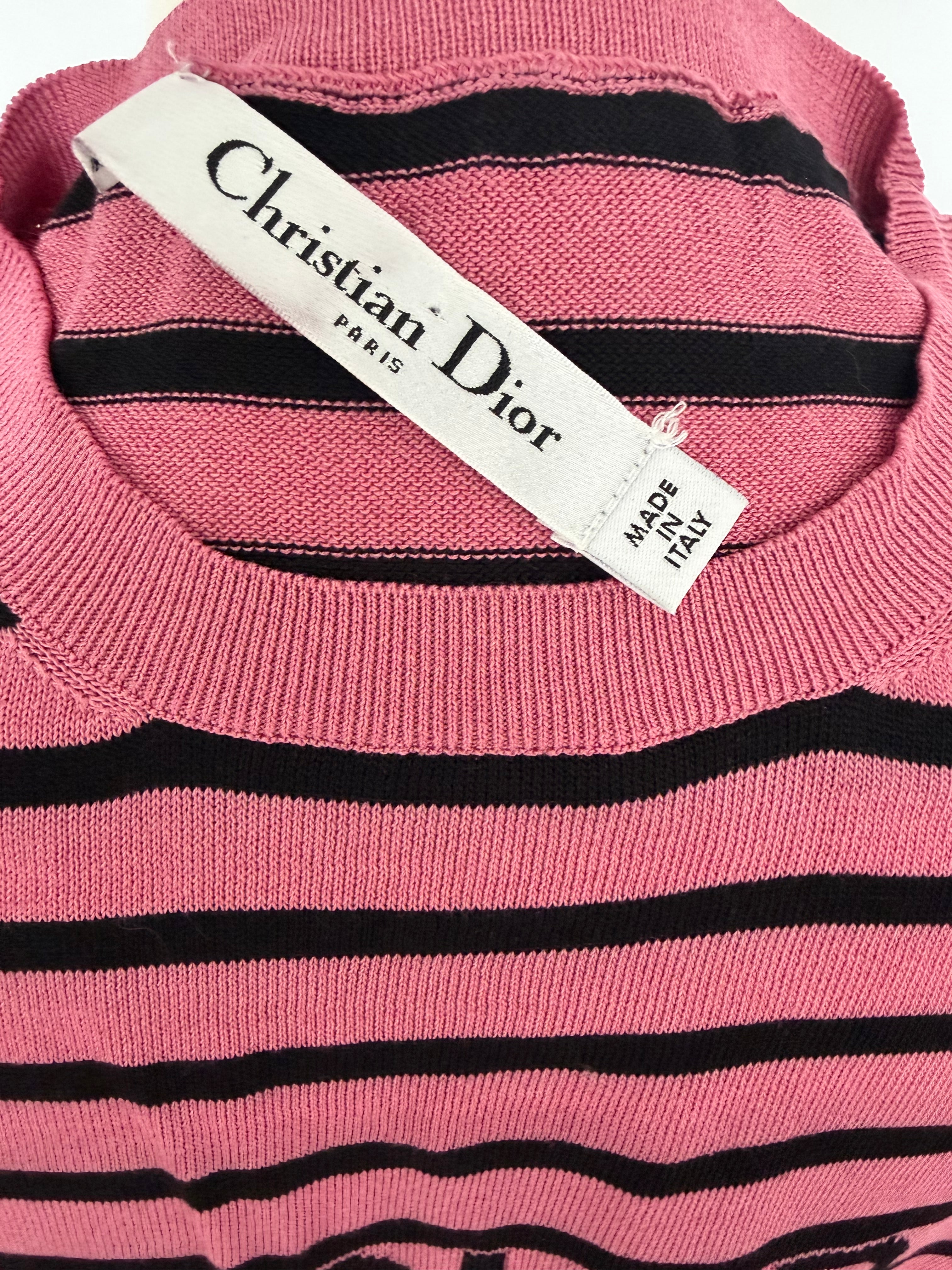 Christian Dior J’Adior Pink Striped Knit Top | Dior Logo Short Sleeve Sweater Made in Italy | Luxury Designer Tee