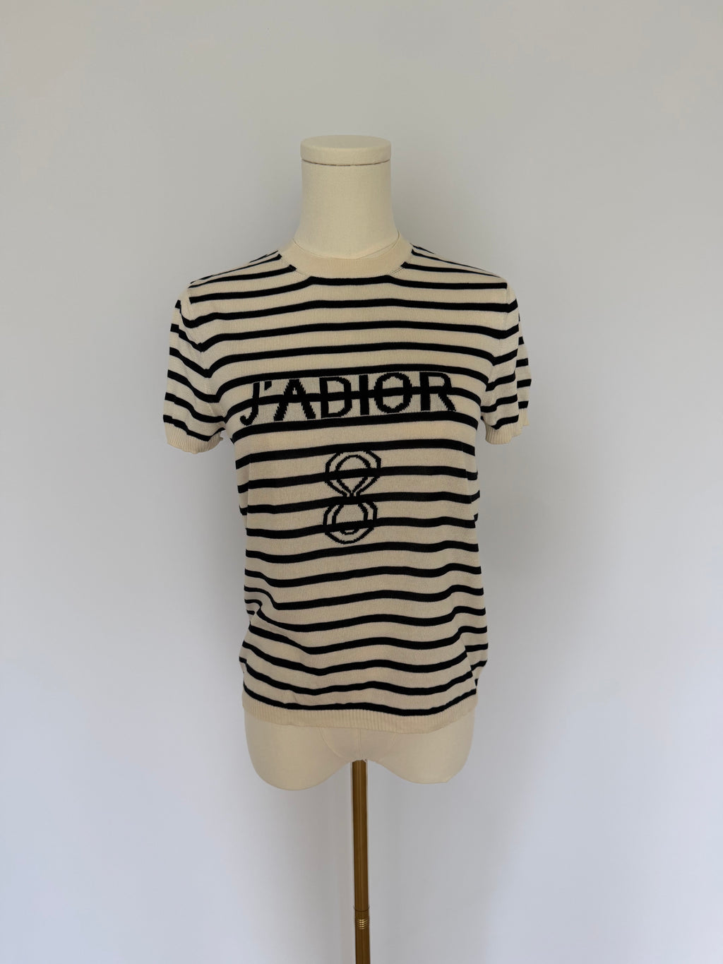 Christian Dior J’Adior White Striped Knit Top | Dior Logo Short Sleeve Sweater Made in Italy | Luxury Designer Tee