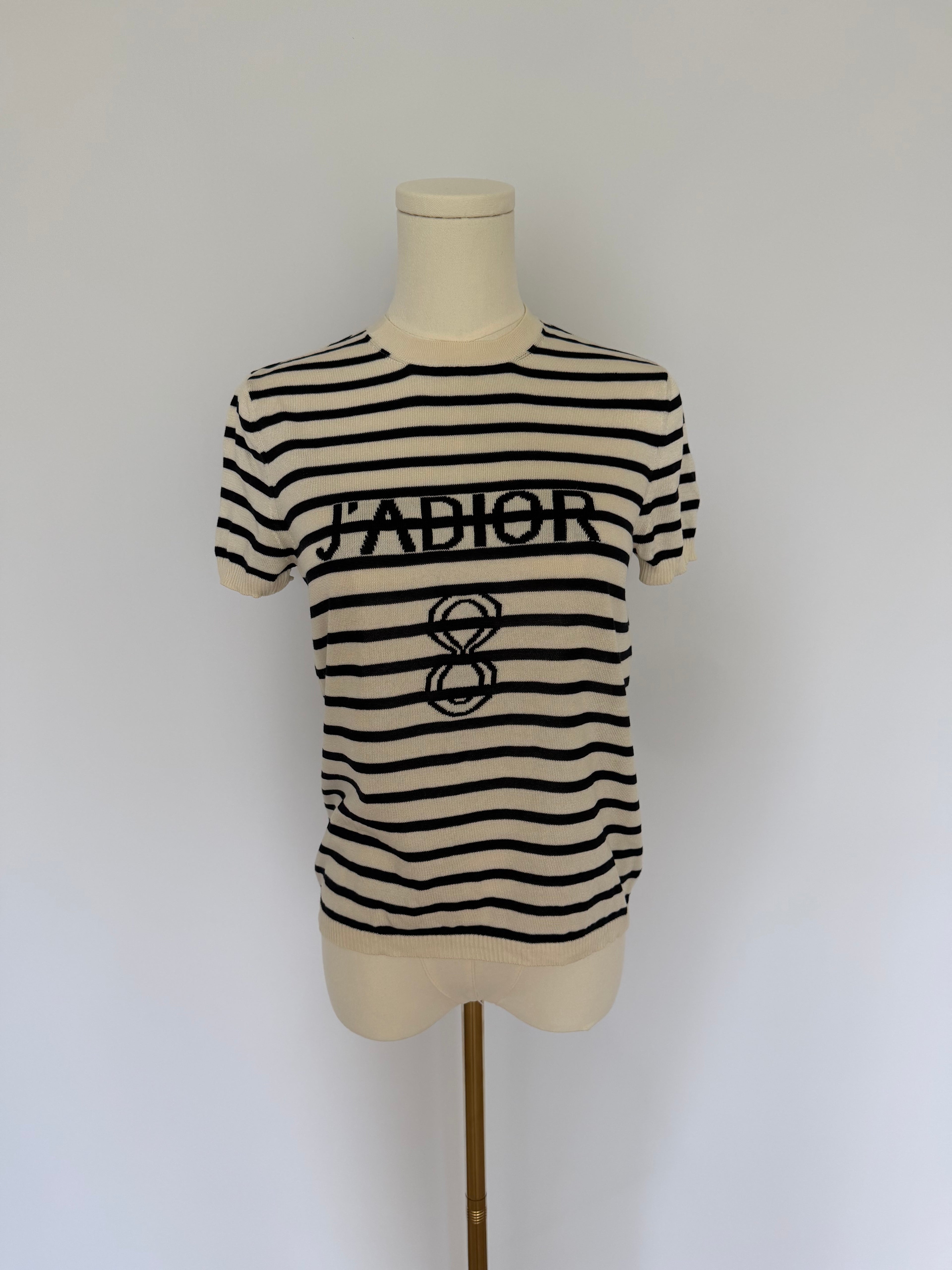 Christian Dior J’Adior White Striped Knit Top | Dior Logo Short Sleeve Sweater Made in Italy | Luxury Designer Tee