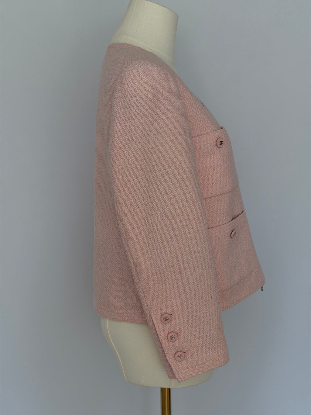 Chanel Pink Tweed Cropped Jacket CC Button Cardigan Blazer | Vintage Chanel Boutique Jacket