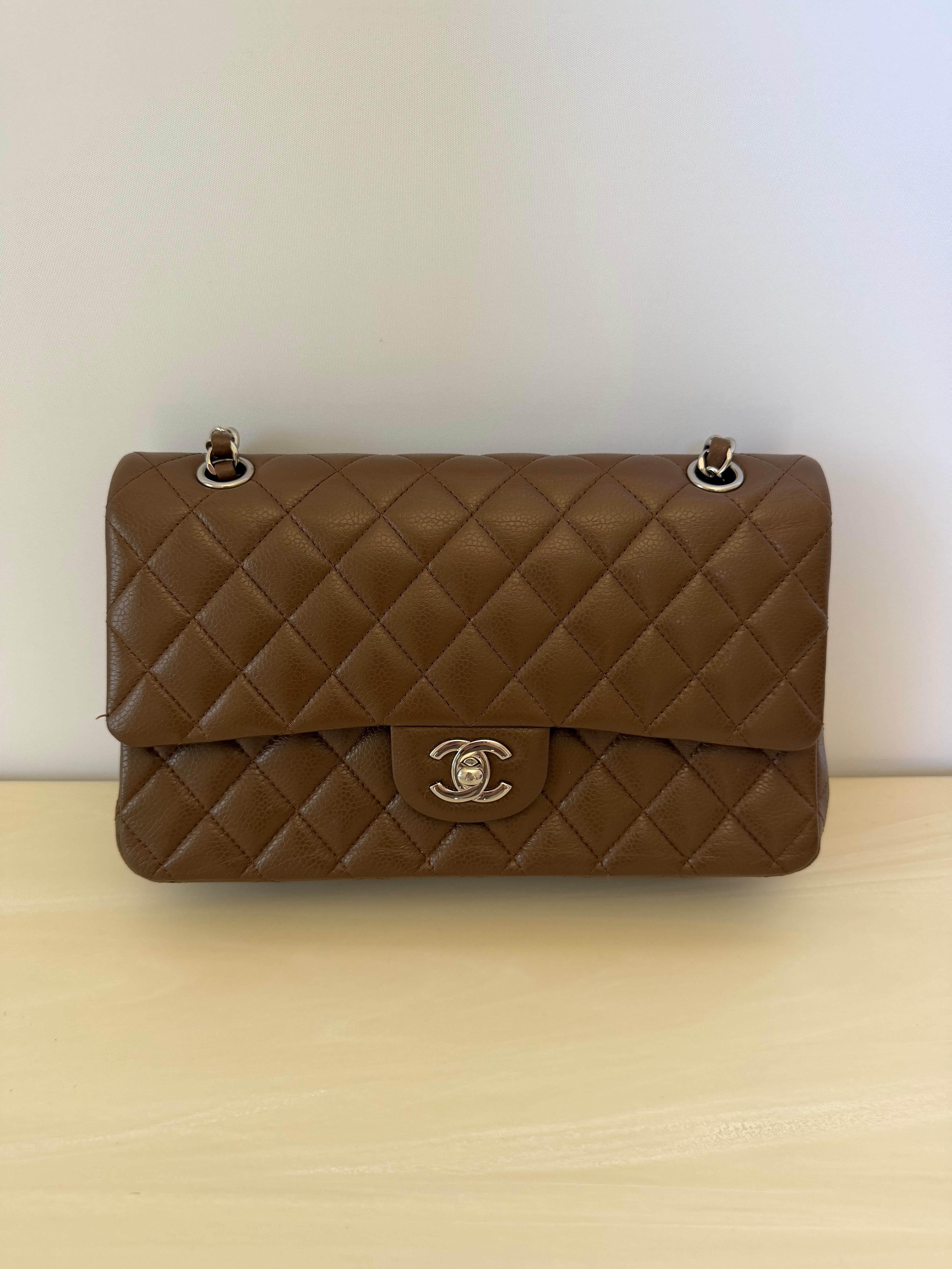 Chanel Classic Medium Double Flap Bag in Brown Caviar Leather with Silver Hardware