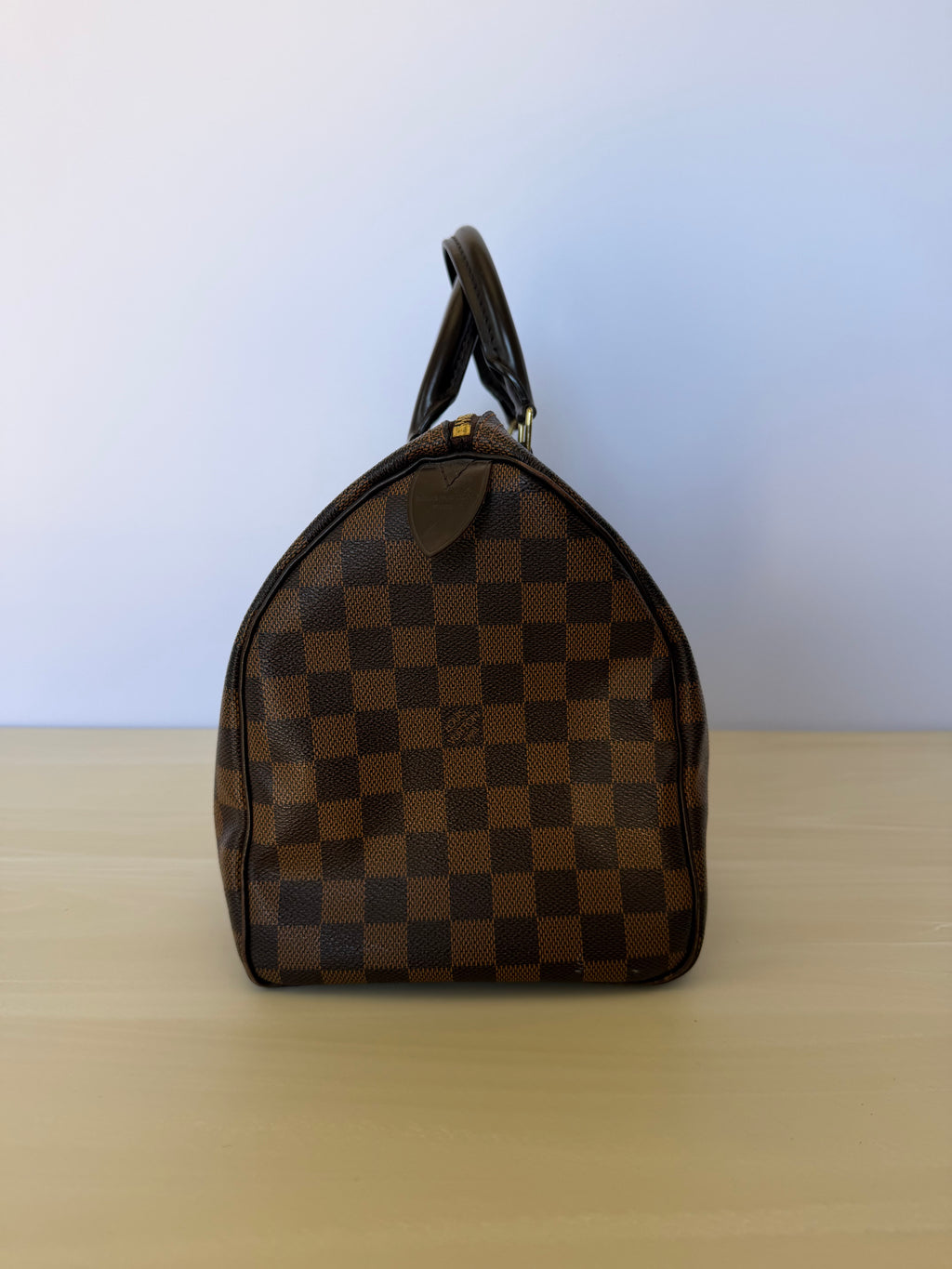 Louis Vuitton Damier Ebene Speedy 30 Handbag – Brown Checkered Canvas Satchel with Red Interior